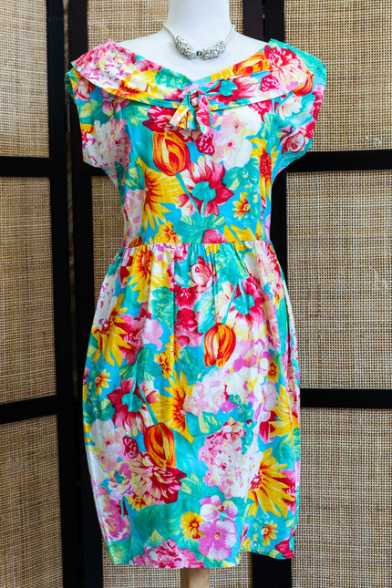 Vintage 80s Tropical Candy Floral Dress Sailor Collar & Bow Detail