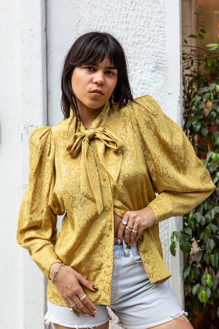 Yessica 80s Gold Patterned Blouse with Neck Tie
