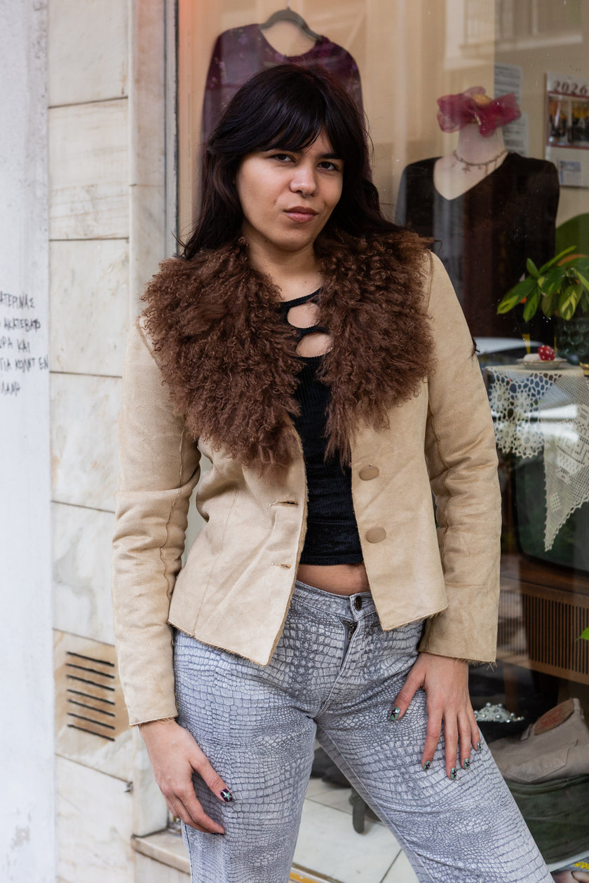 Vintage faux suede jacket with shearling collar (S)