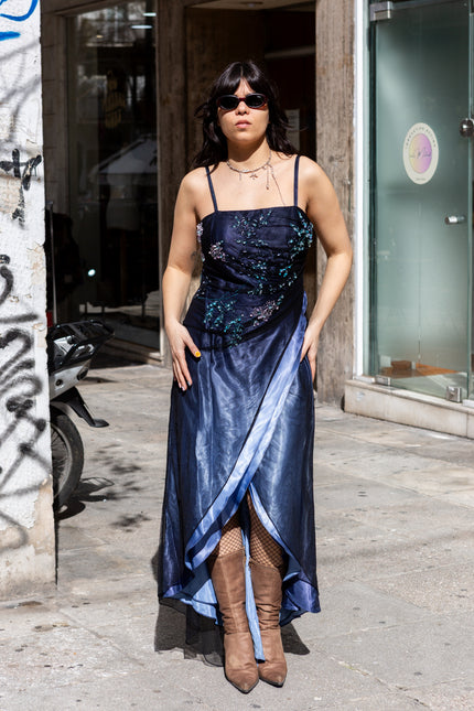 Vintage 90s style navy beaded high low evening gown (L)