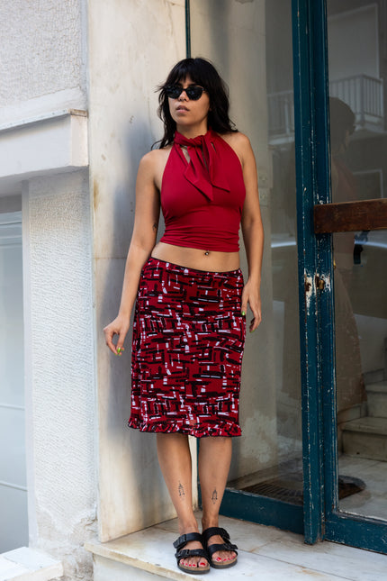 Biaggini Abstract Print Red Midi Skirt