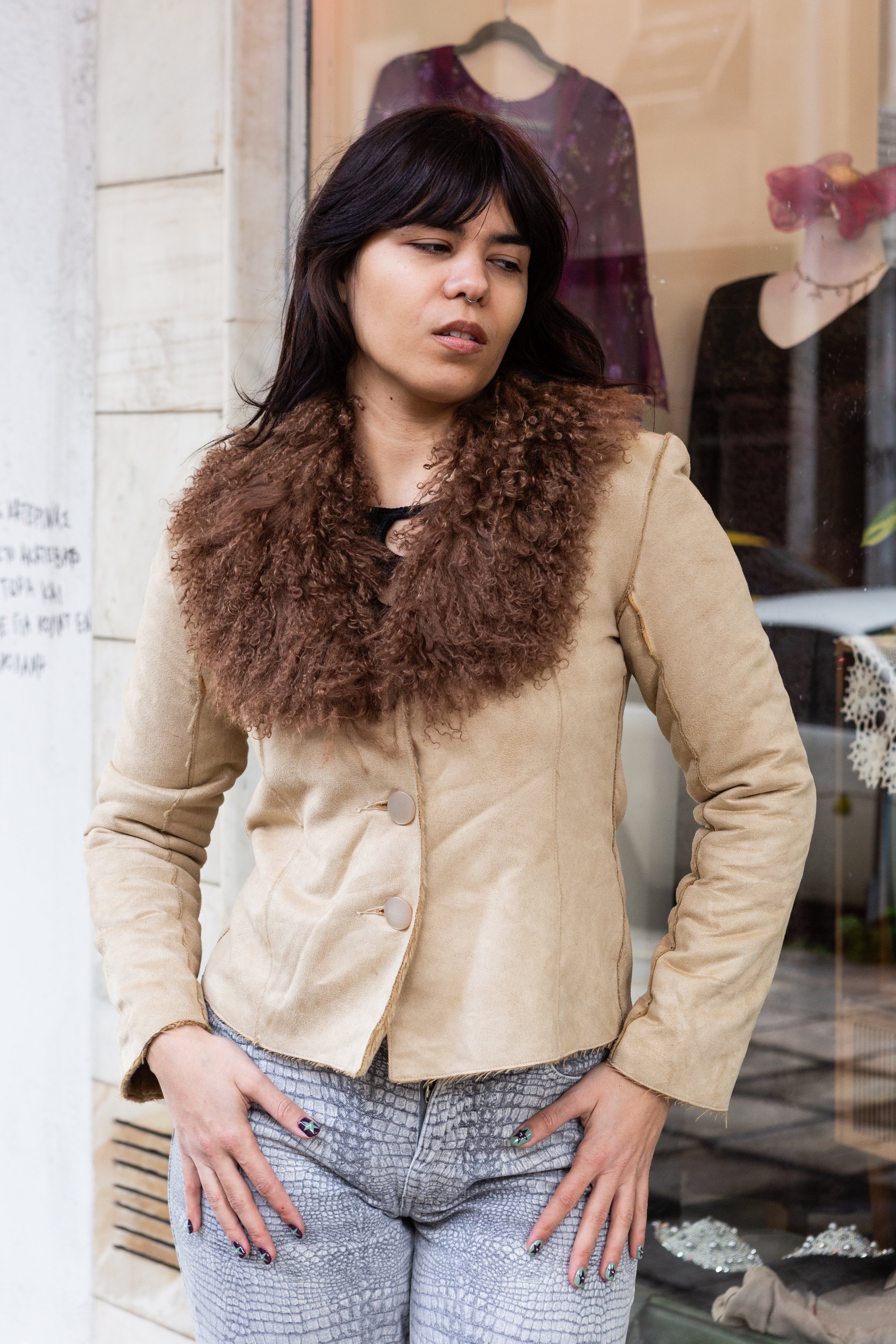Vintage faux suede jacket with shearling collar (S)
