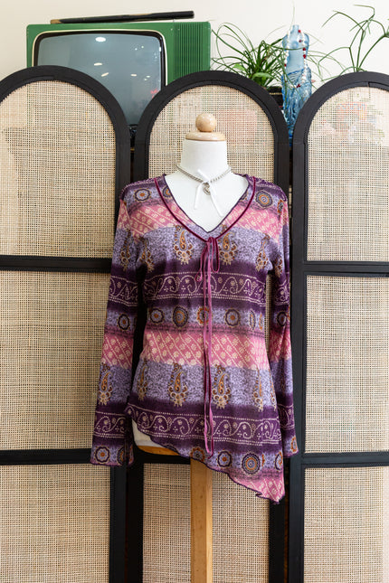 Boho Dreams Vintage Top – 90s Asymmetrical Paisley Blouse in Purple & Pink