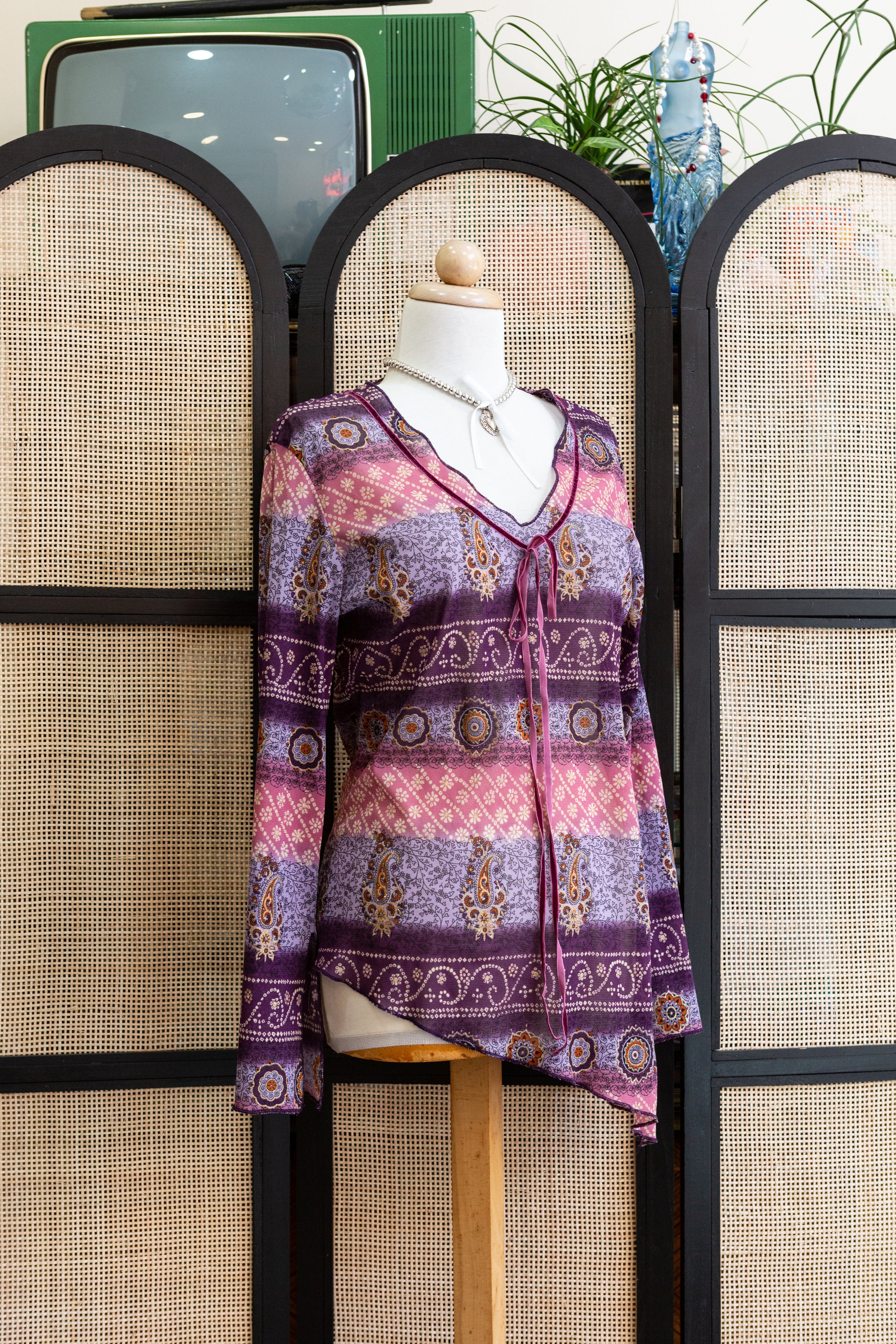 Boho Dreams Vintage Top – 90s Asymmetrical Paisley Blouse in Purple & Pink