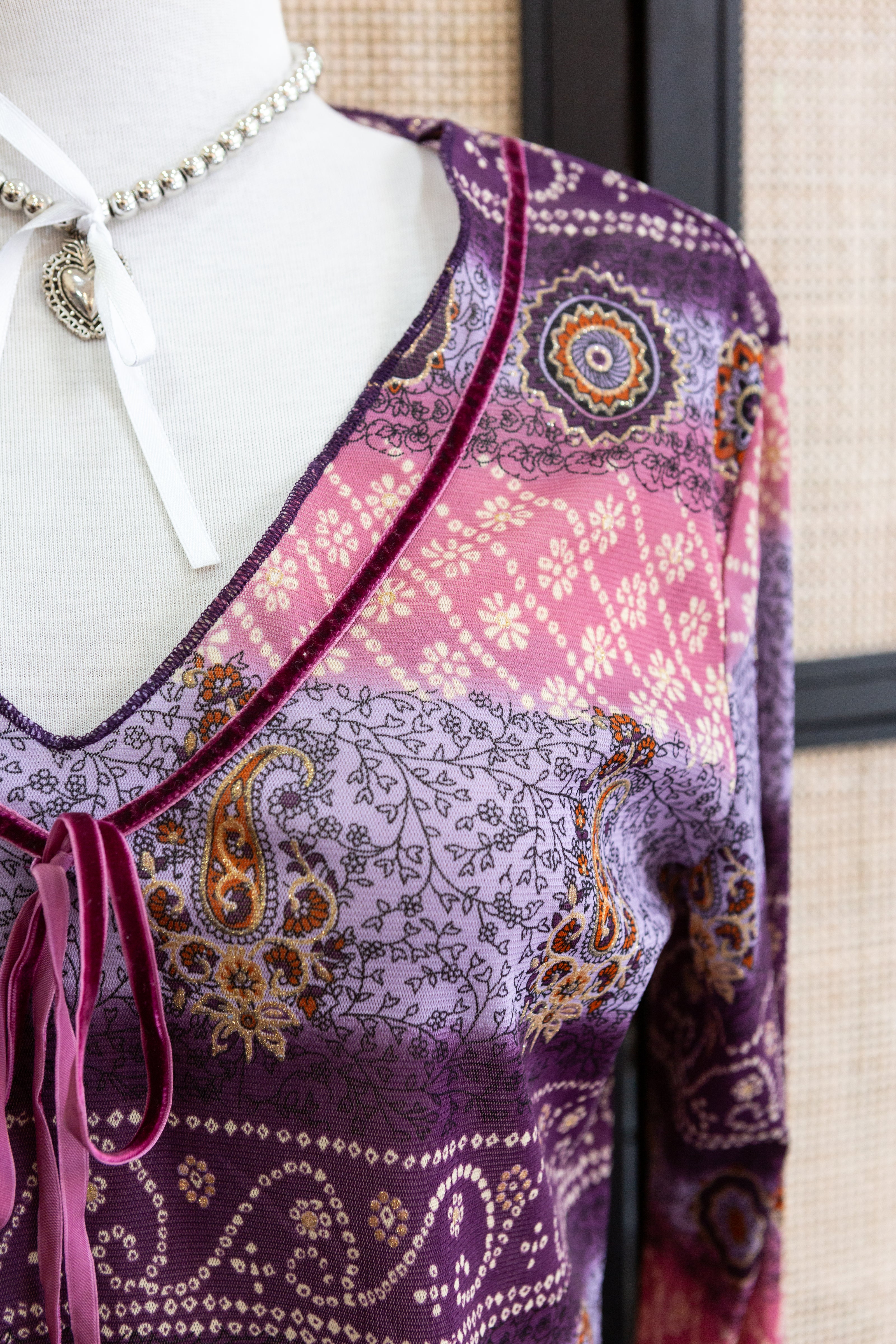 Boho Dreams Vintage Top – 90s Asymmetrical Paisley Blouse in Purple & Pink
