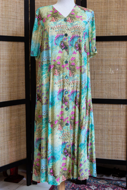 Vintage 90s Tropical Garden House Dress Button Front Boho Maxi in Aqua & Orchid