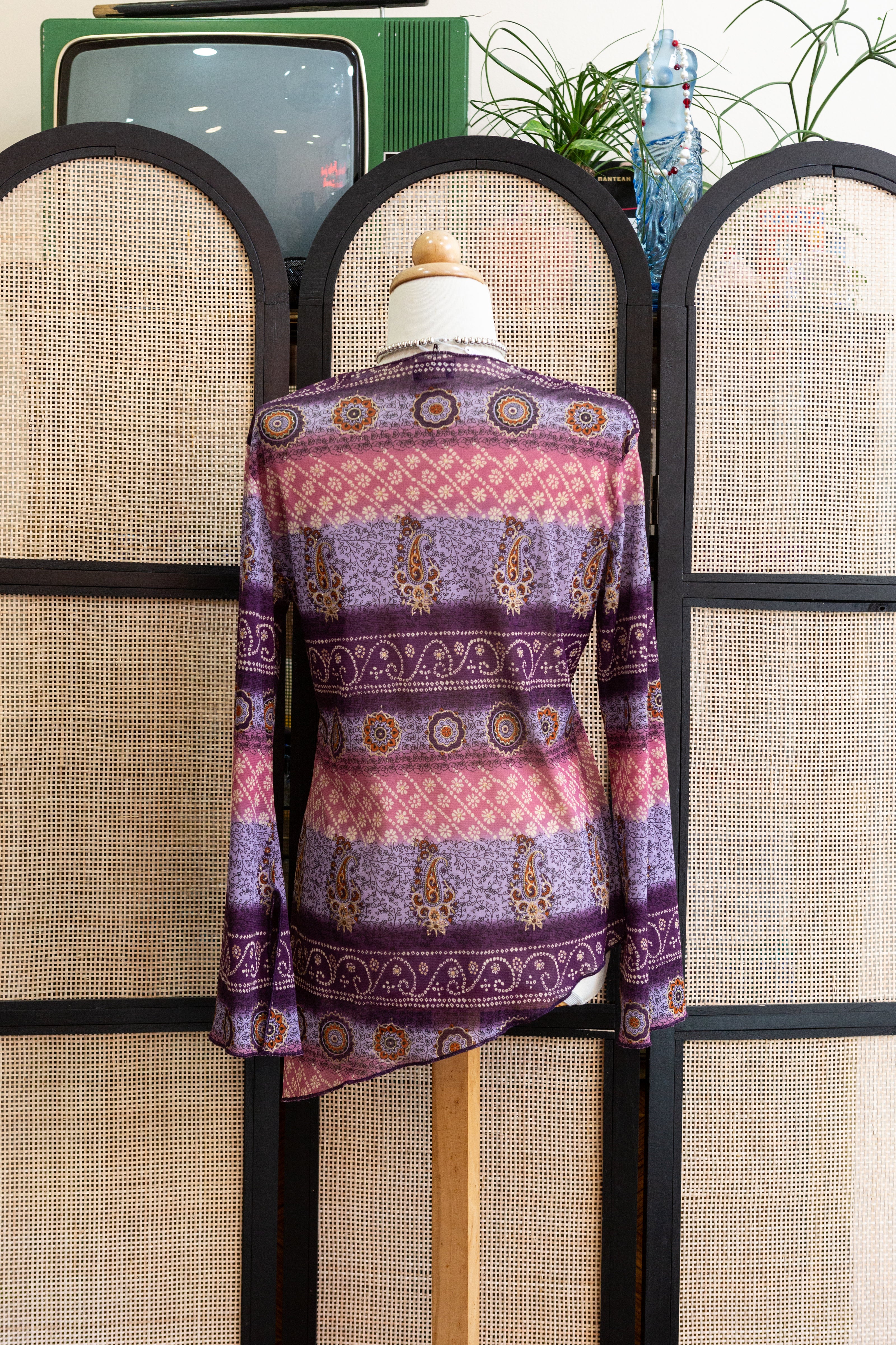Boho Dreams Vintage Top – 90s Asymmetrical Paisley Blouse in Purple & Pink