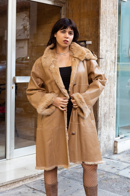 Vintage genuine lapin leather coat with fur lining (XL)