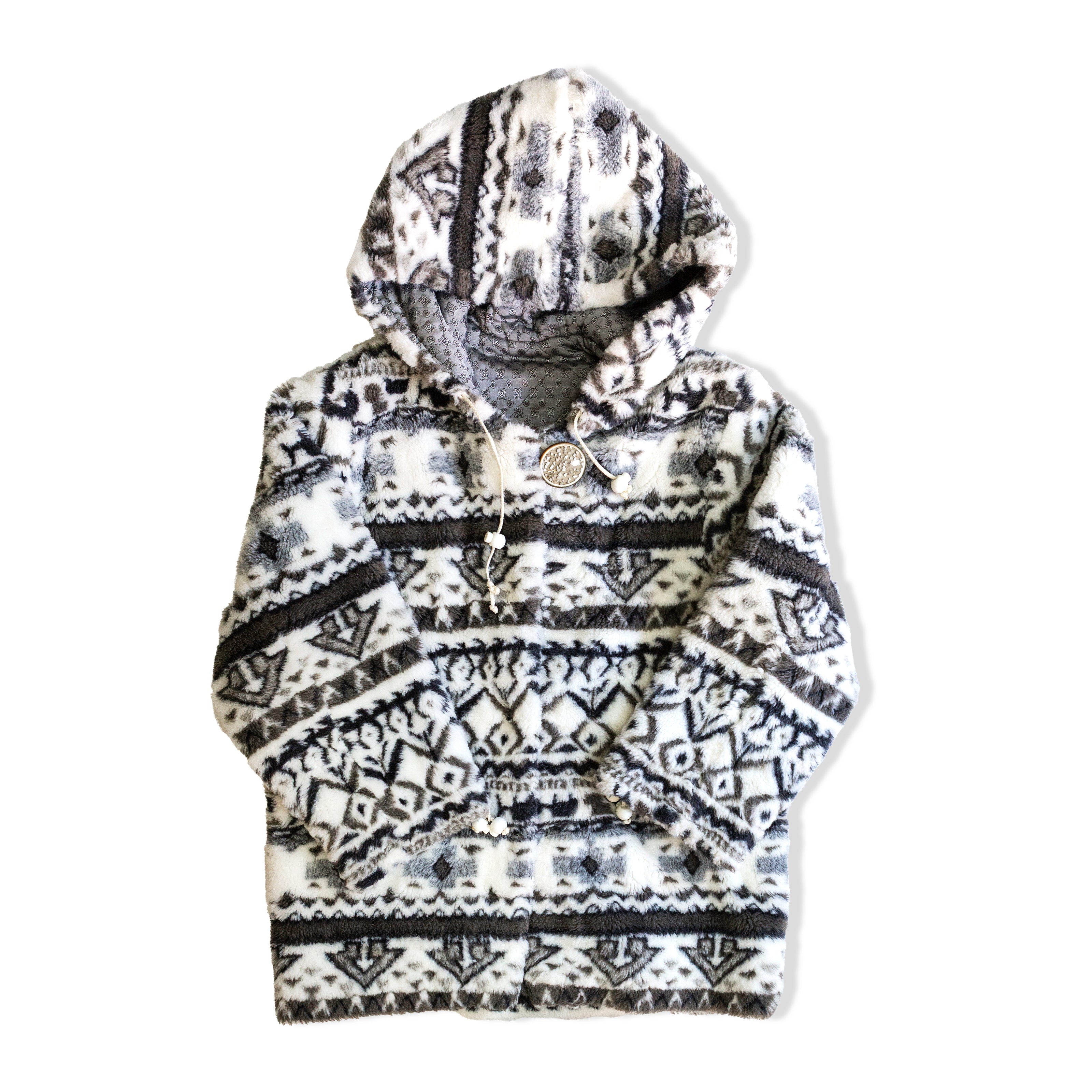 Vintage Nordic Fleece Hooded Jacket – Soft Plush Aztec Pattern Coat (S)