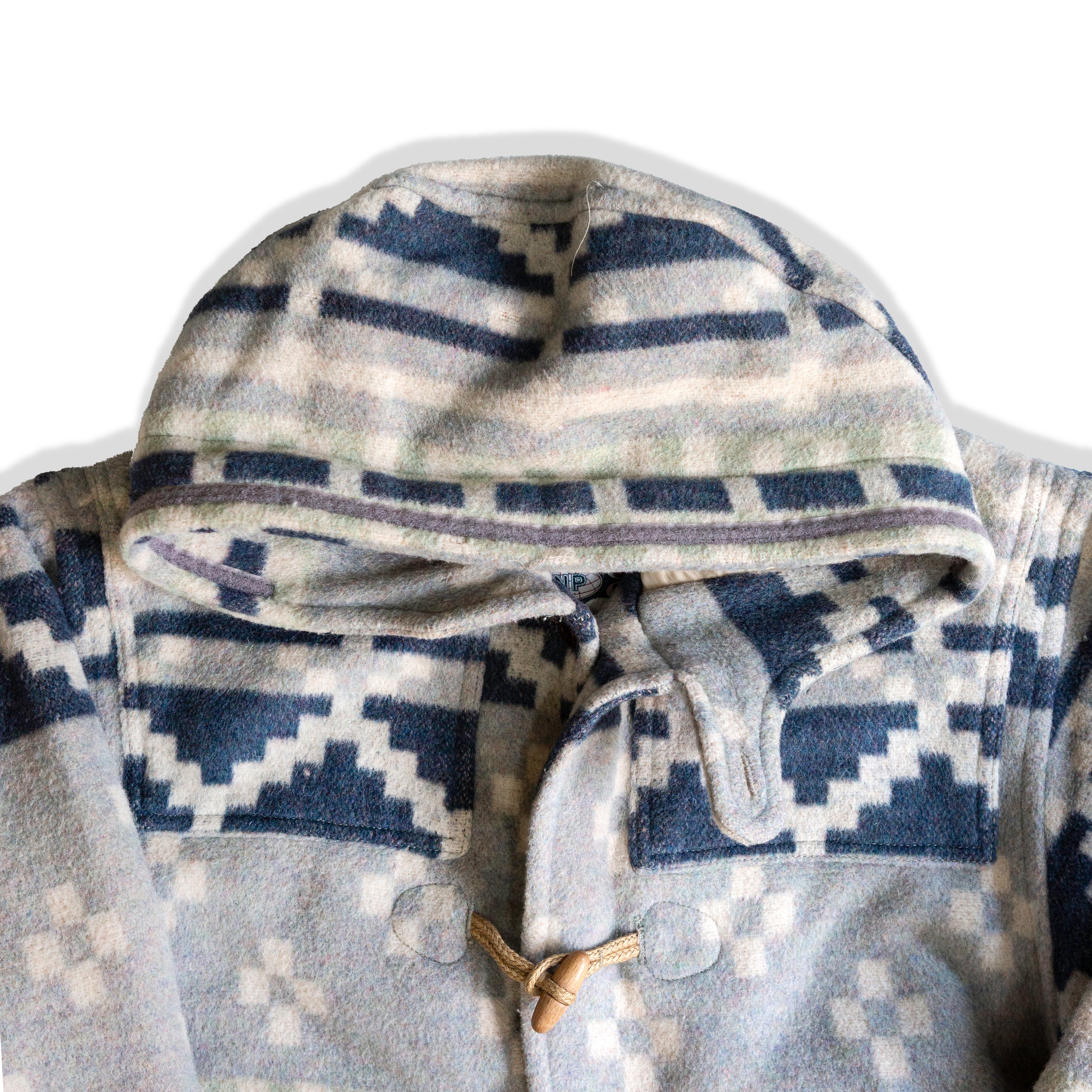 Hooded Toggle Wool Duffle Coat – Southwestern Aztec Style Pattern