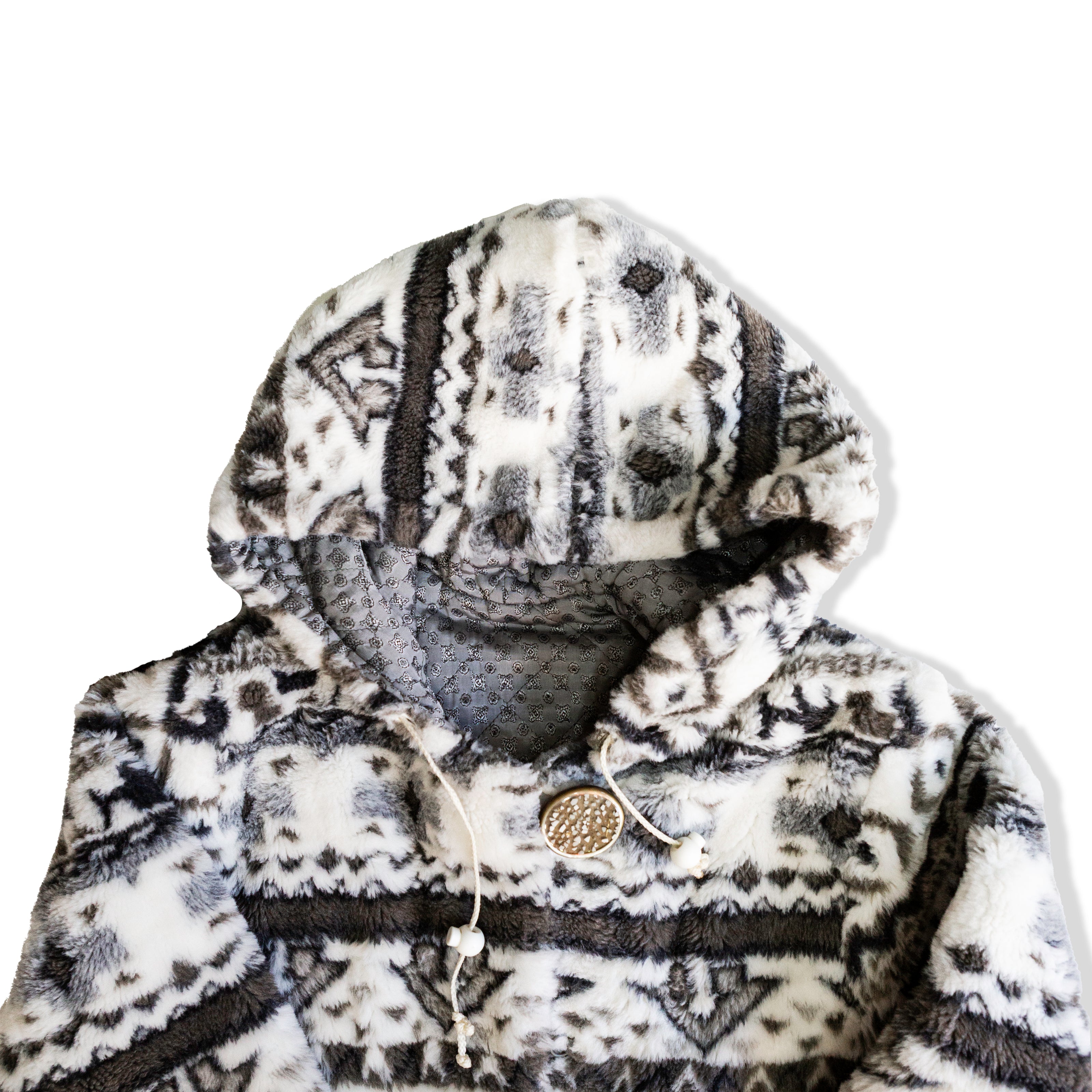 Vintage Nordic Fleece Hooded Jacket – Soft Plush Aztec Pattern Coat (S)