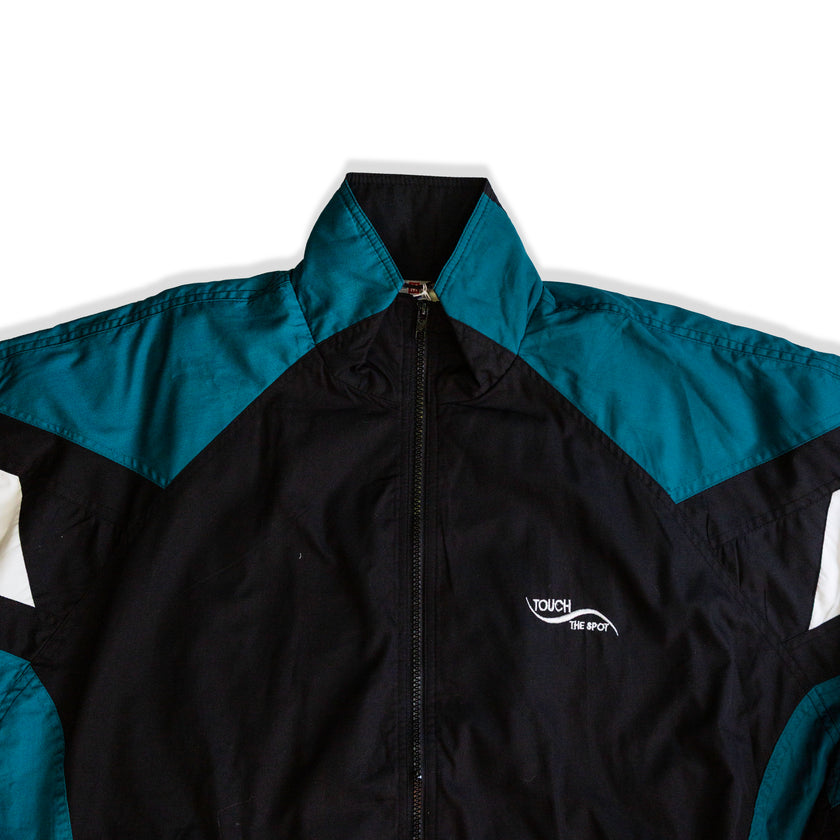 Touch The Spot Track Jacket Men’s Black Teal Full Zip Windbreaker (M)