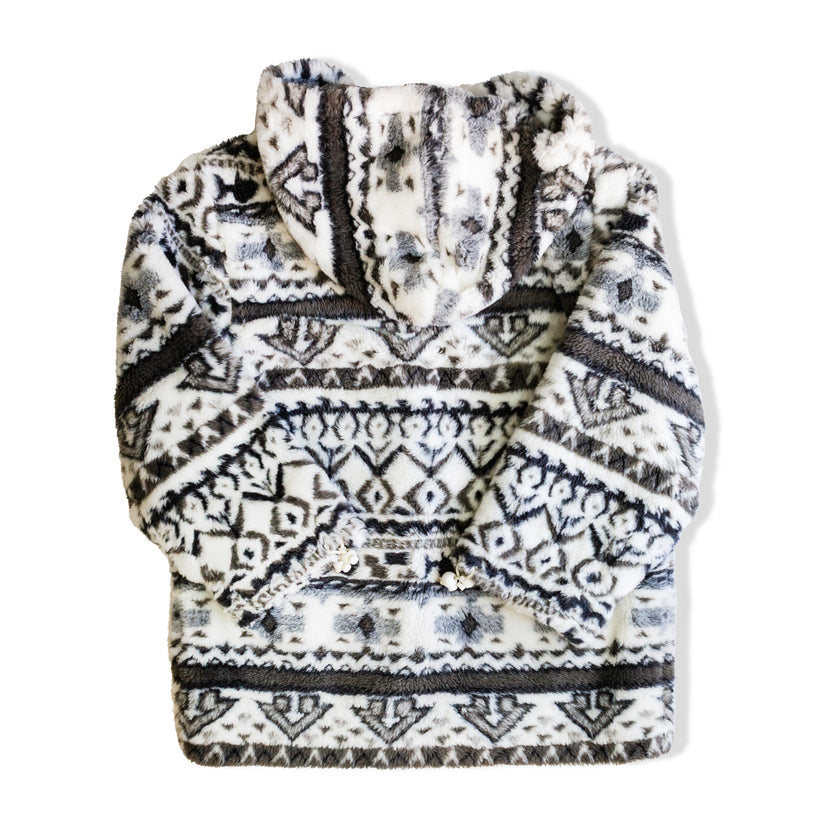 Vintage Nordic Fleece Hooded Jacket – Soft Plush Aztec Pattern Coat (S)