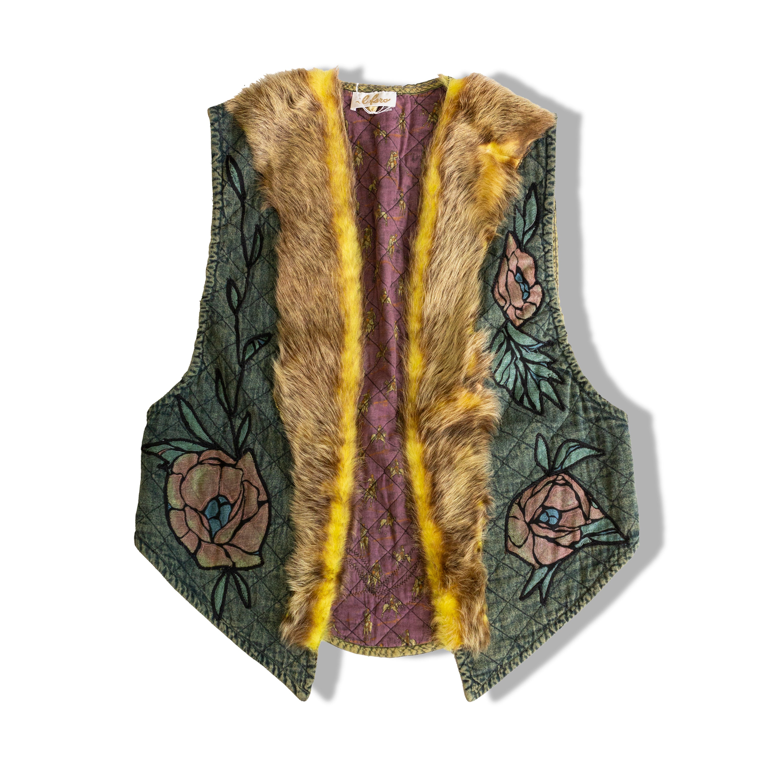 Unique vintage vest with embroired details and faux fur trim