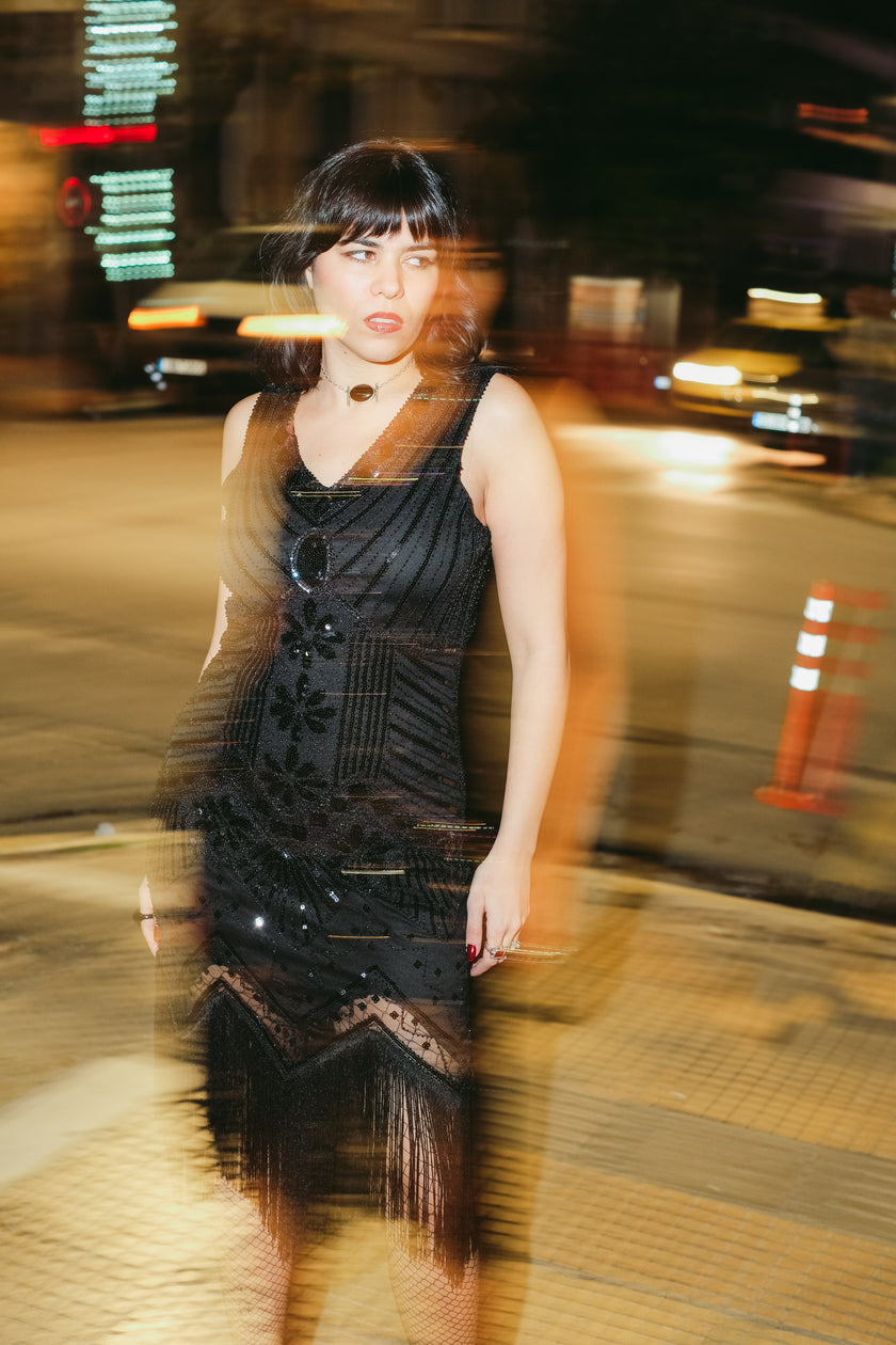 Stunning black beaded & sequin fringe flapper dress (M)