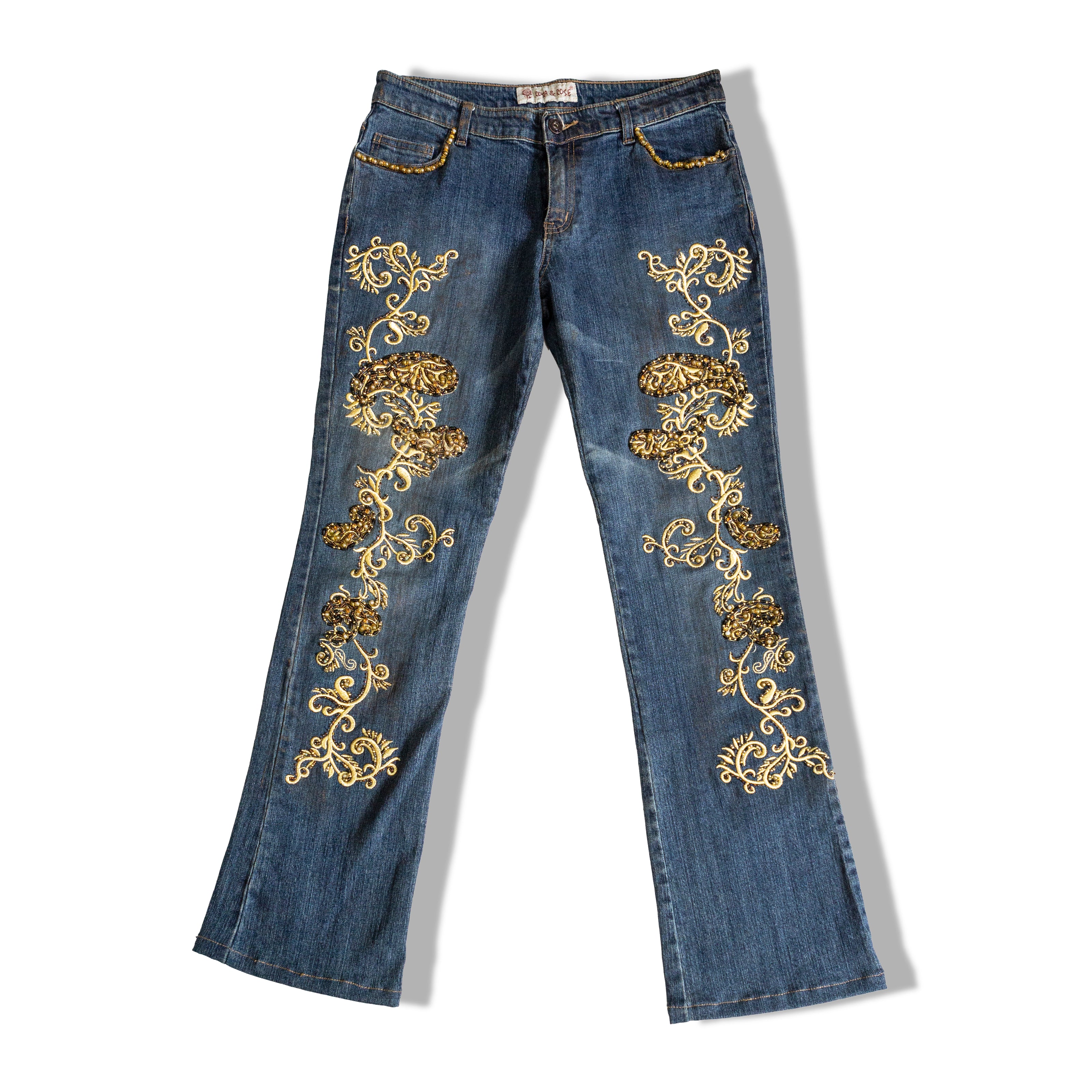 ROSA & ROSE low waisted Y2k jeans with embroidered and beaded detailing (S/M)