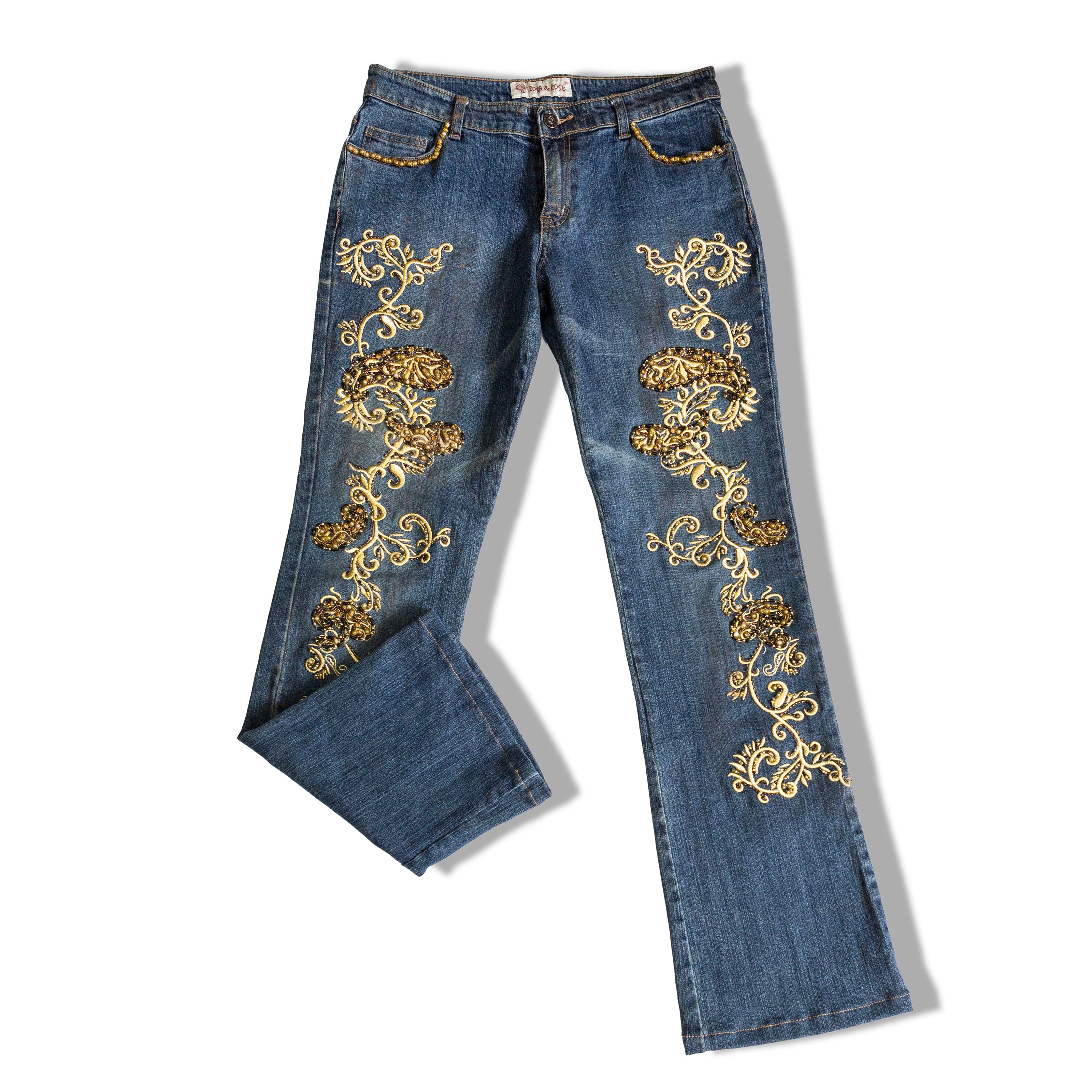 ROSA & ROSE low waisted Y2k jeans with embroidered and beaded detailing (S/M)