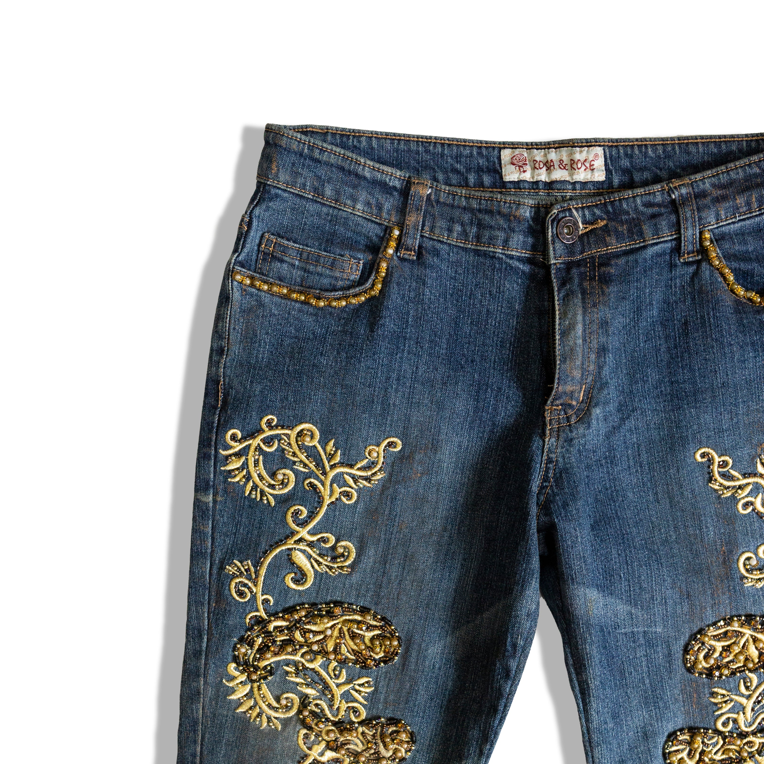 ROSA & ROSE low waisted Y2k jeans with embroidered and beaded detailing (S/M)