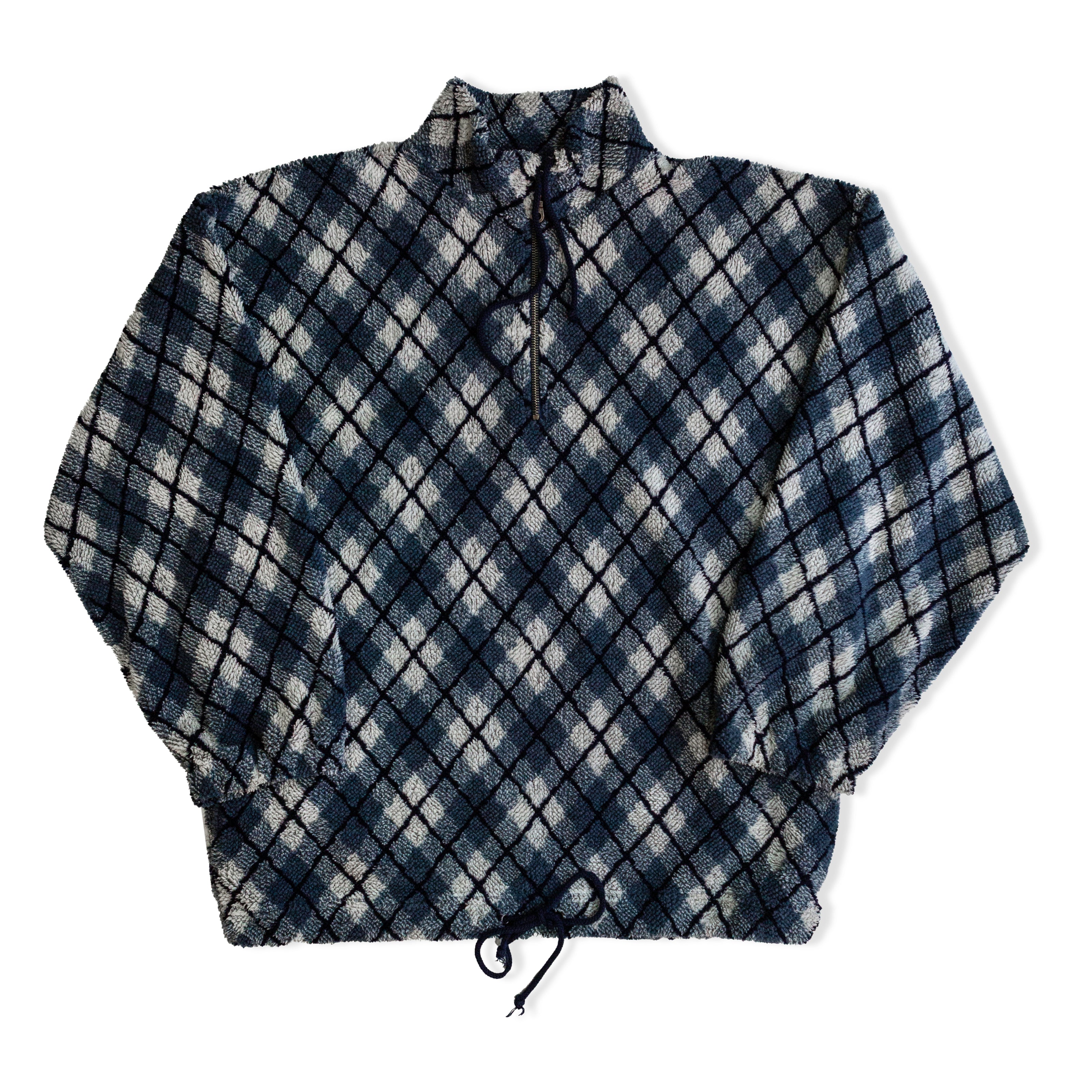 Vintage Diamond Pattern Fleece Pullover – Half-Zip with Drawstring Hem (L)