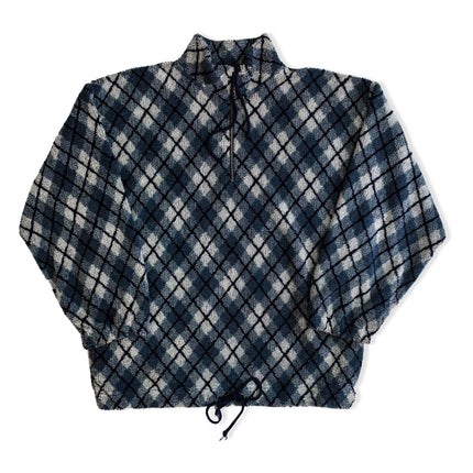 Vintage Diamond Pattern Fleece Pullover – Half-Zip with Drawstring Hem (L)
