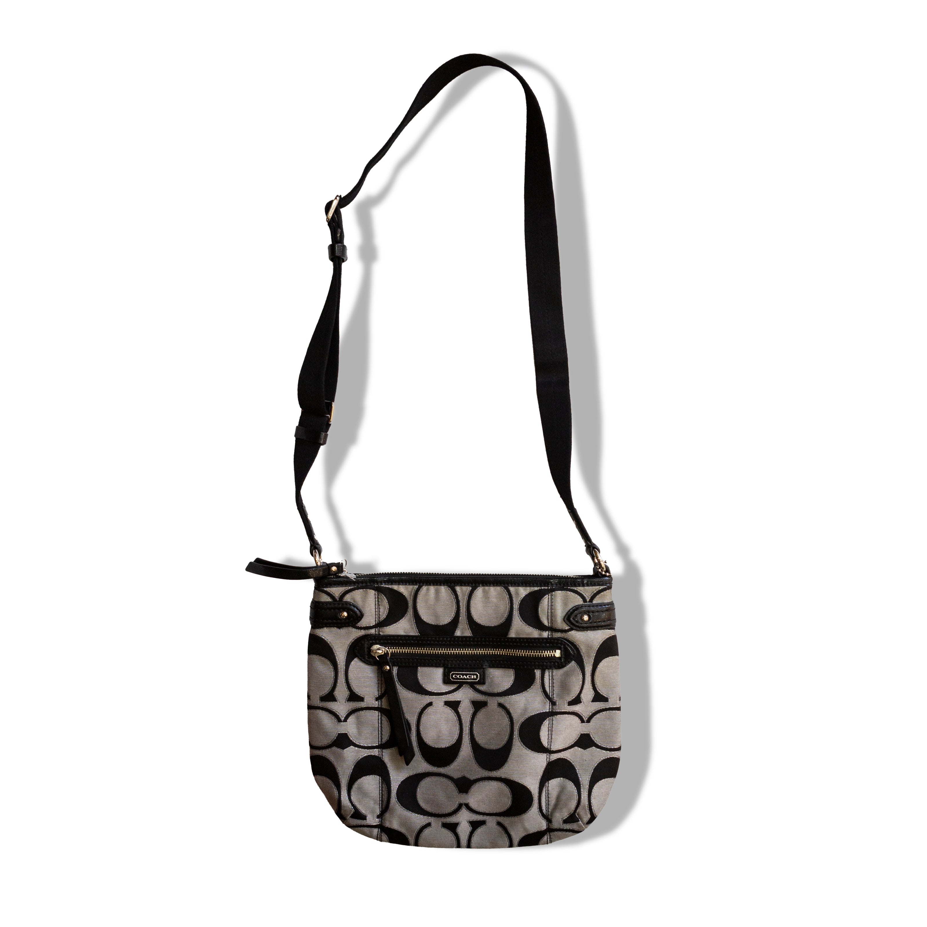 Coach Signature Crossbody Bag – Black & Gray Canvas with Adjustable Strap