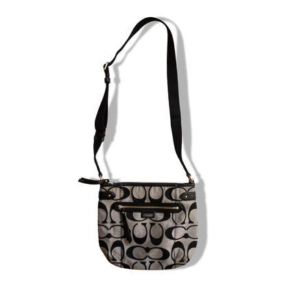 Coach Signature Crossbody Bag – Black & Gray Canvas with Adjustable Strap