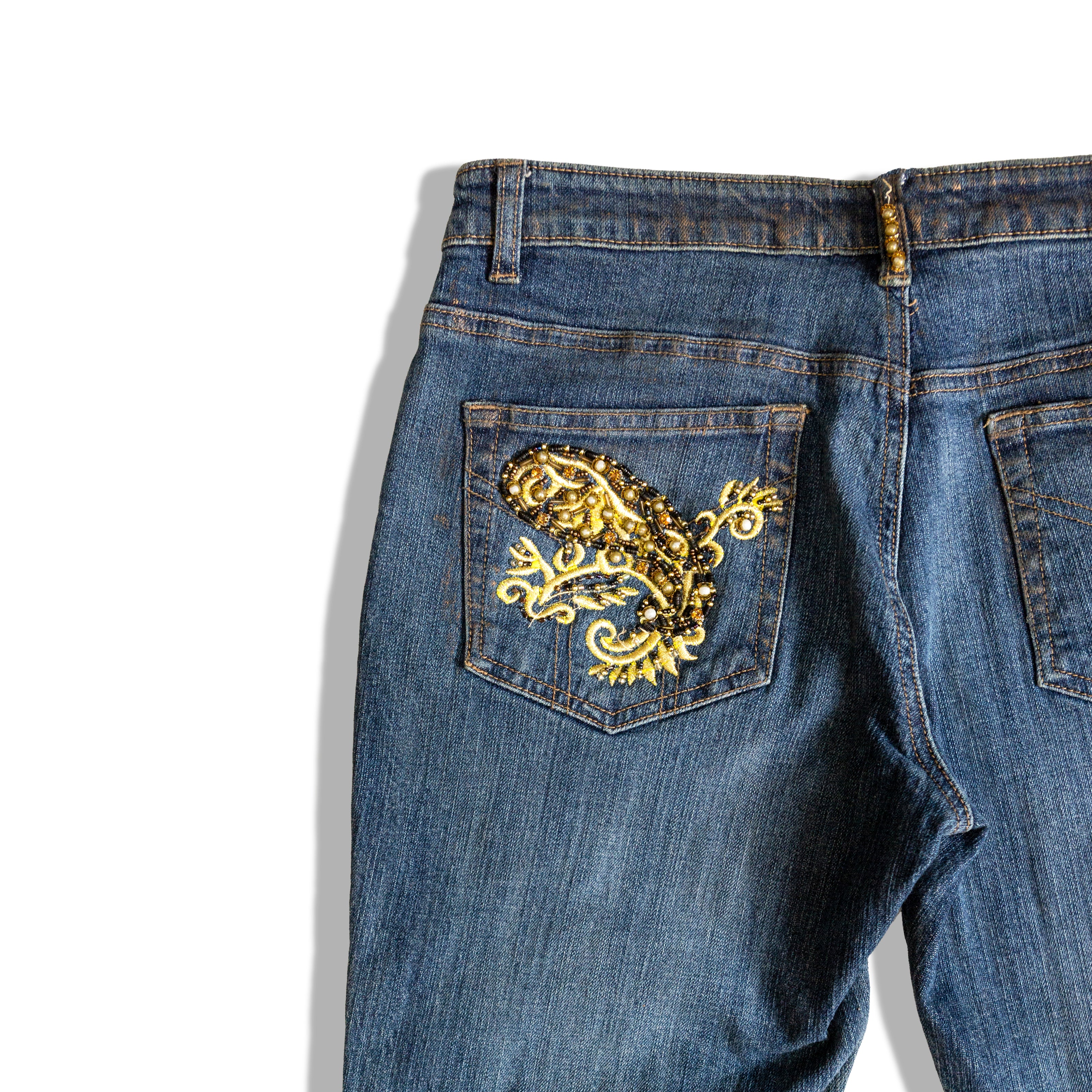ROSA & ROSE low waisted Y2k jeans with embroidered and beaded detailing (S/M)