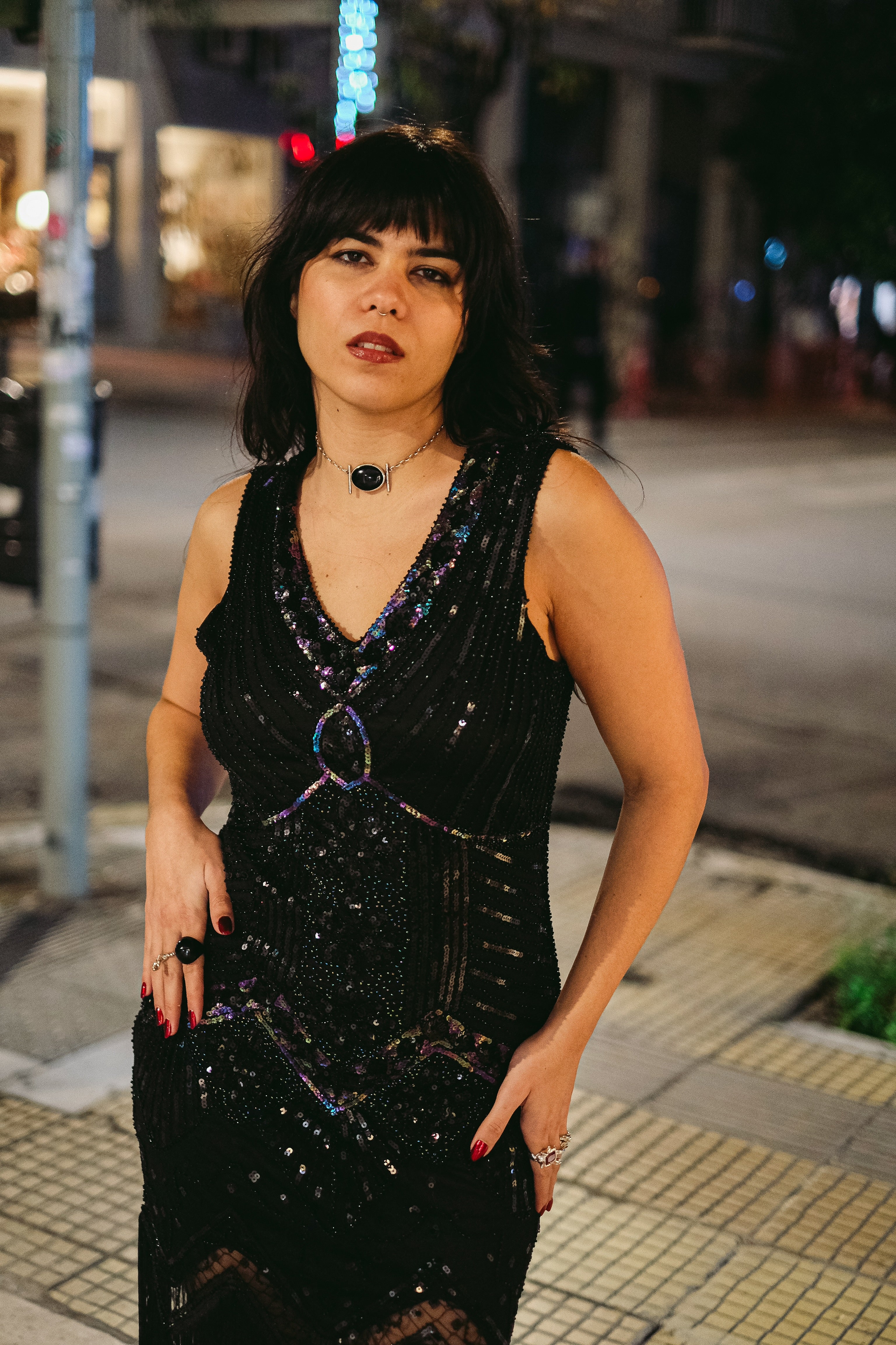 Stunning black beaded & sequin fringe flapper dress (M)