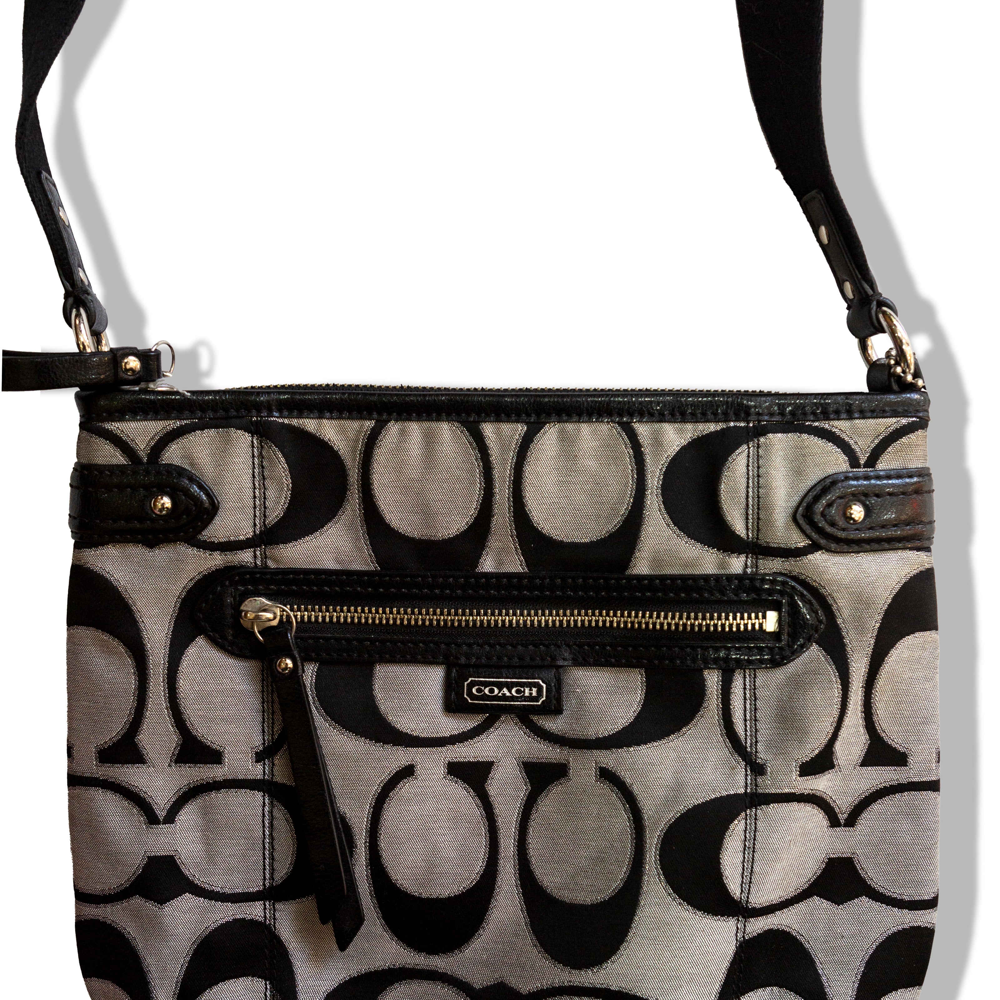 Coach Signature Crossbody Bag – Black & Gray Canvas with Adjustable Strap