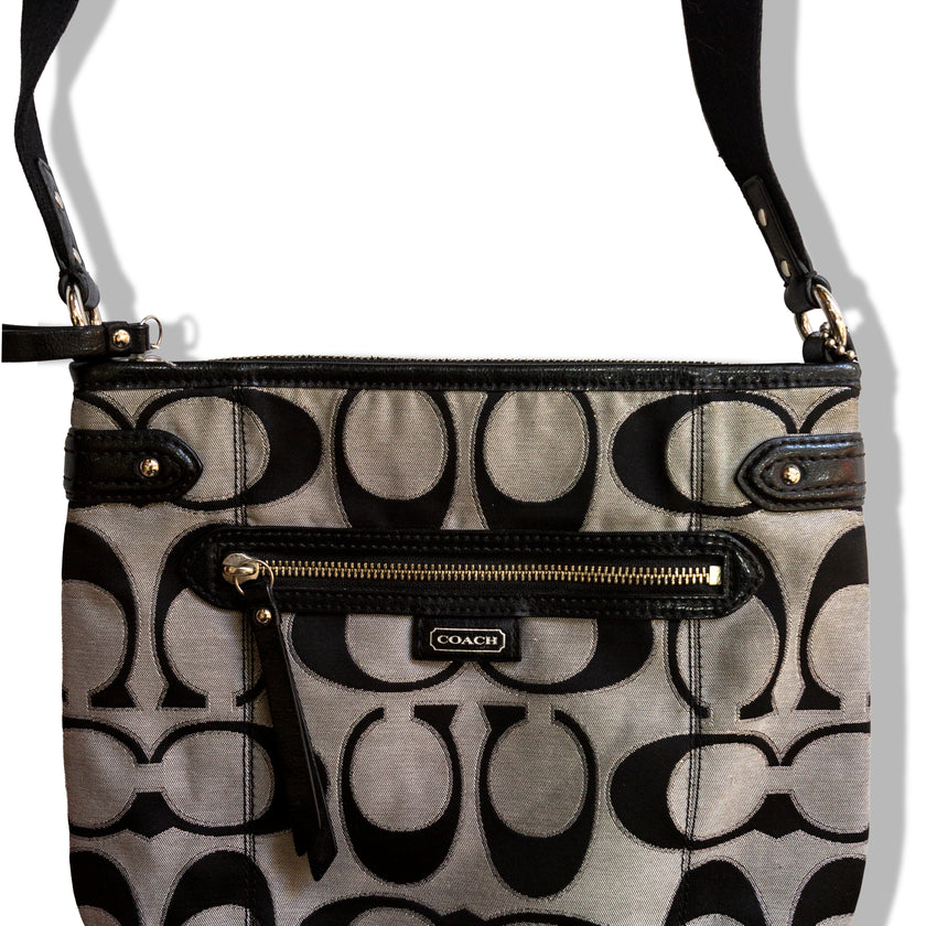 Coach Signature Crossbody Bag – Black & Gray Canvas with Adjustable Strap
