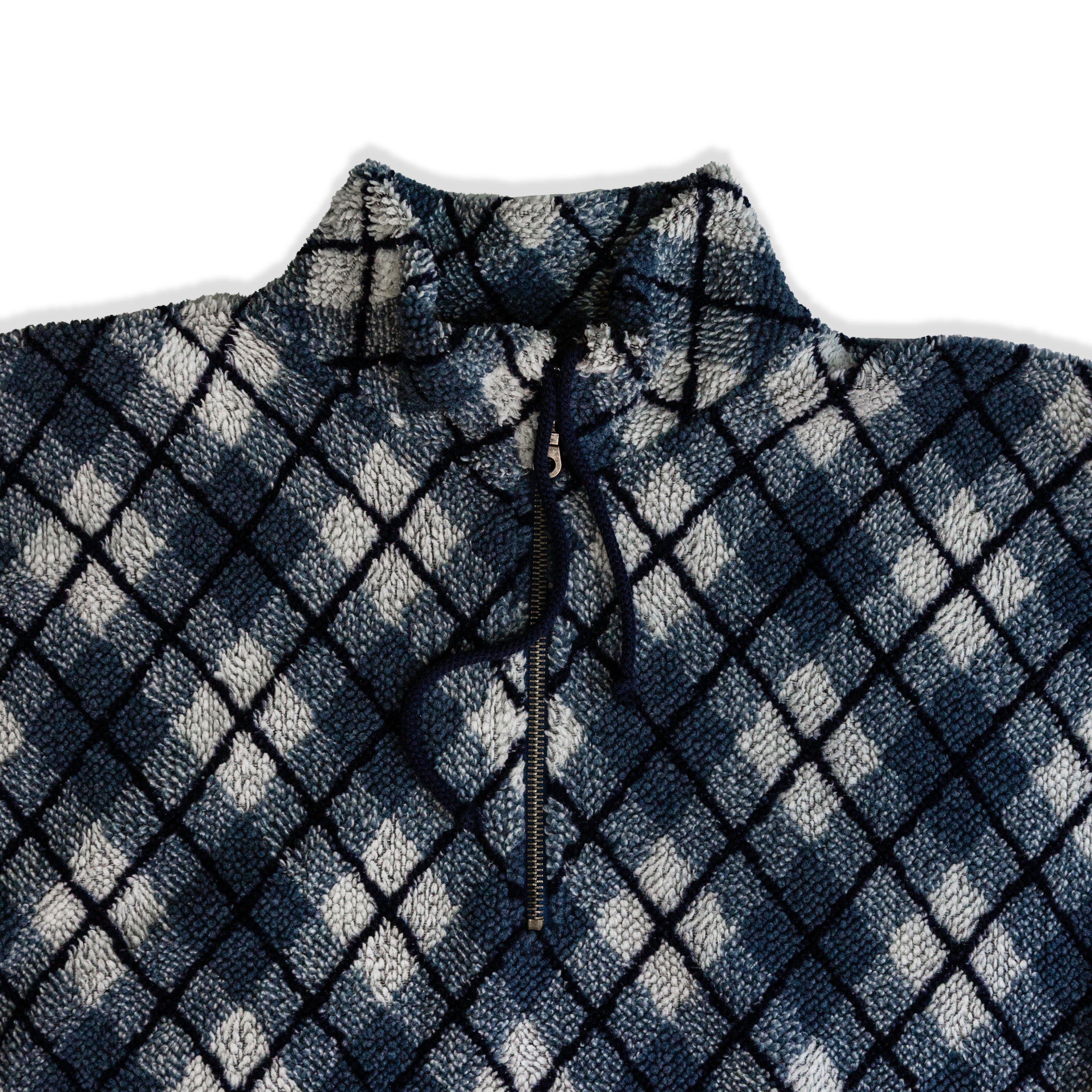 Vintage Diamond Pattern Fleece Pullover – Half-Zip with Drawstring Hem (L)