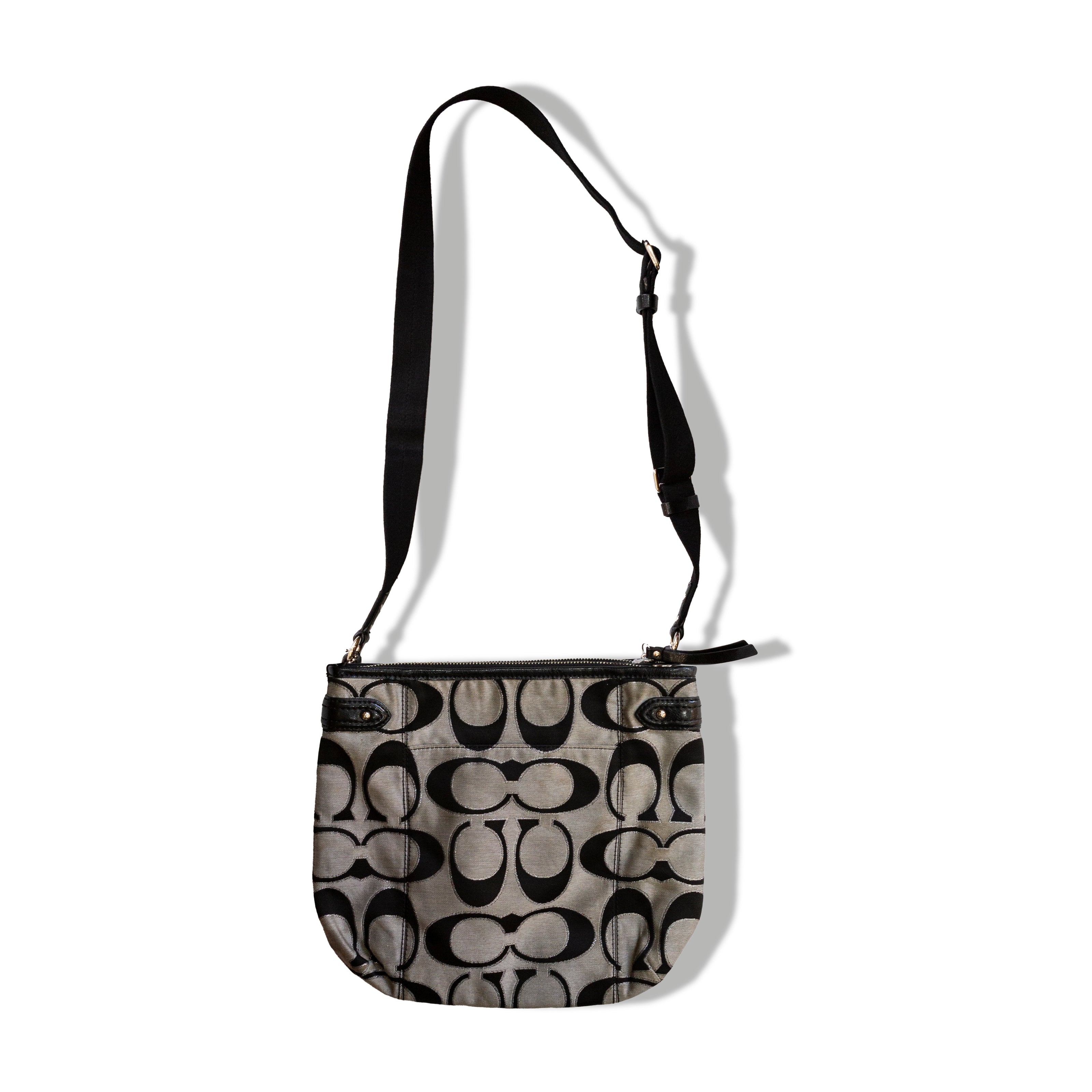 Coach Signature Crossbody Bag – Black & Gray Canvas with Adjustable Strap