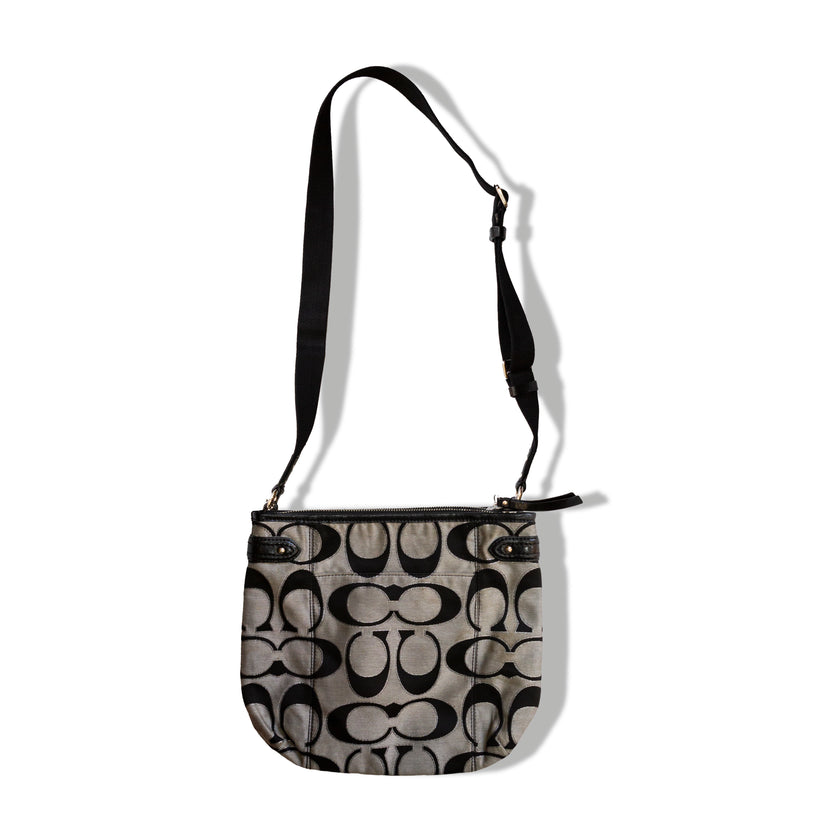 Coach Signature Crossbody Bag – Black & Gray Canvas with Adjustable Strap