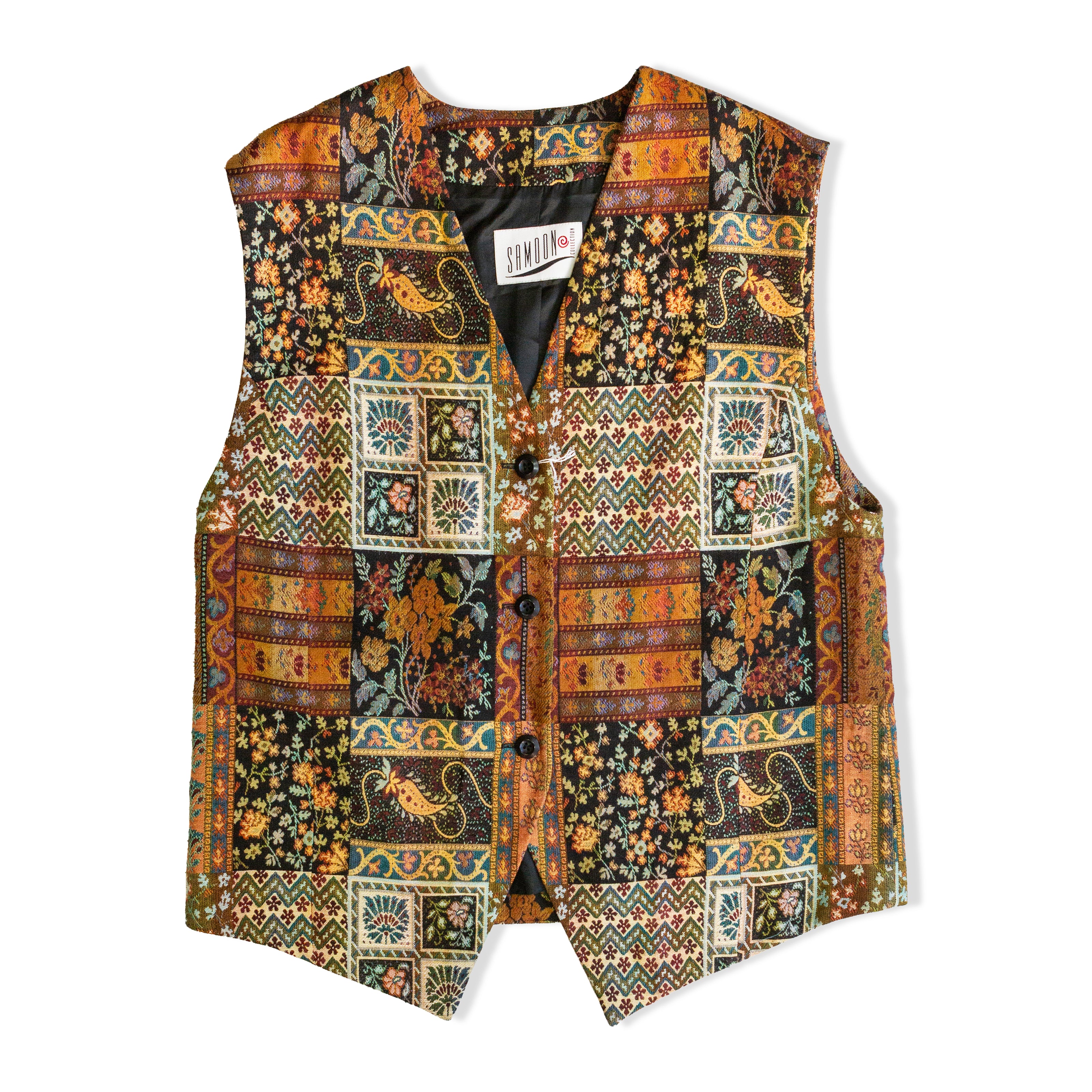 Vintage Mens Multicolor Patchwork Tapestry Button-Front Waistcoat Vest (XL)
