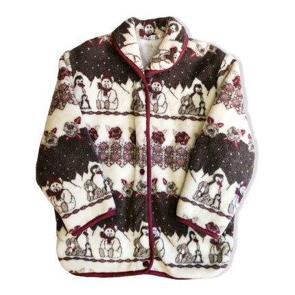 Vintage Patterned Fleece Jacket – Winter Animal Motif, Burgundy Trim (M)