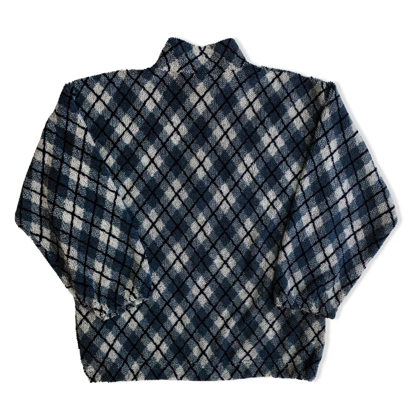 Vintage Diamond Pattern Fleece Pullover – Half-Zip with Drawstring Hem (L)