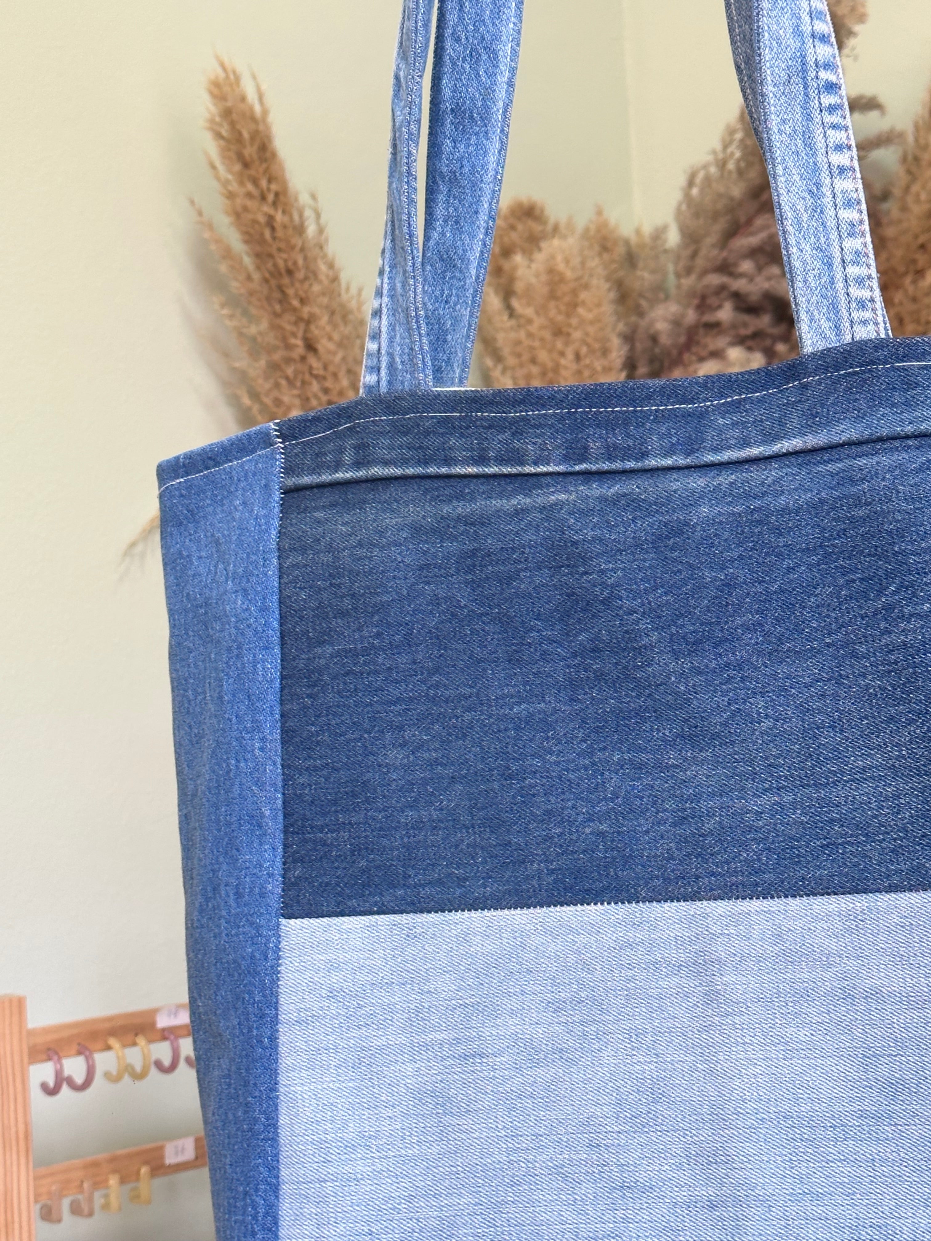 Stunning up-cycled denim patchwork tote bag