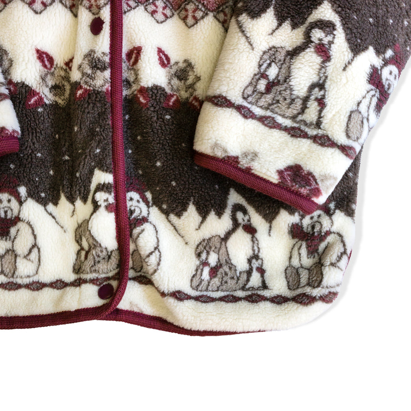 Vintage Patterned Fleece Jacket – Winter Animal Motif, Burgundy Trim (M)