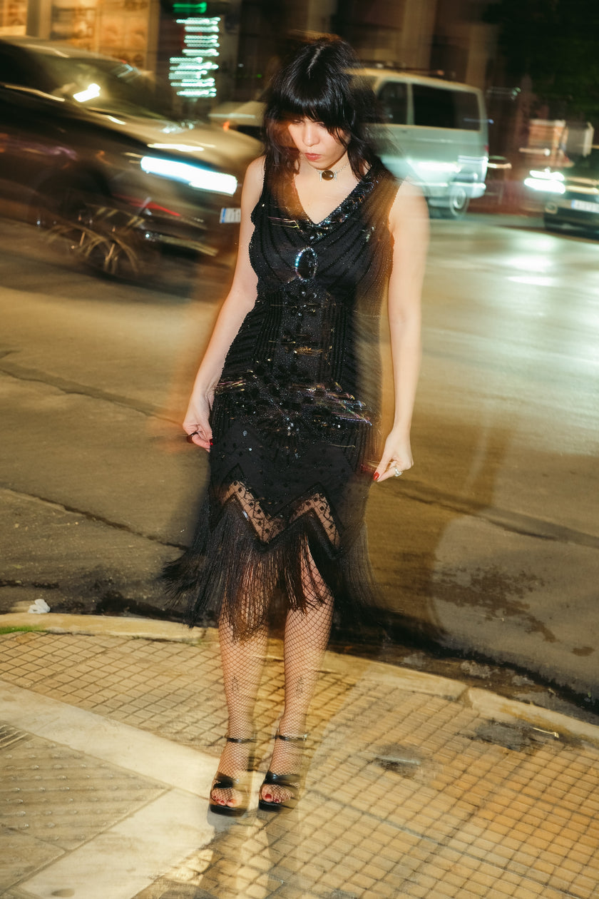 Stunning black beaded & sequin fringe flapper dress (M)