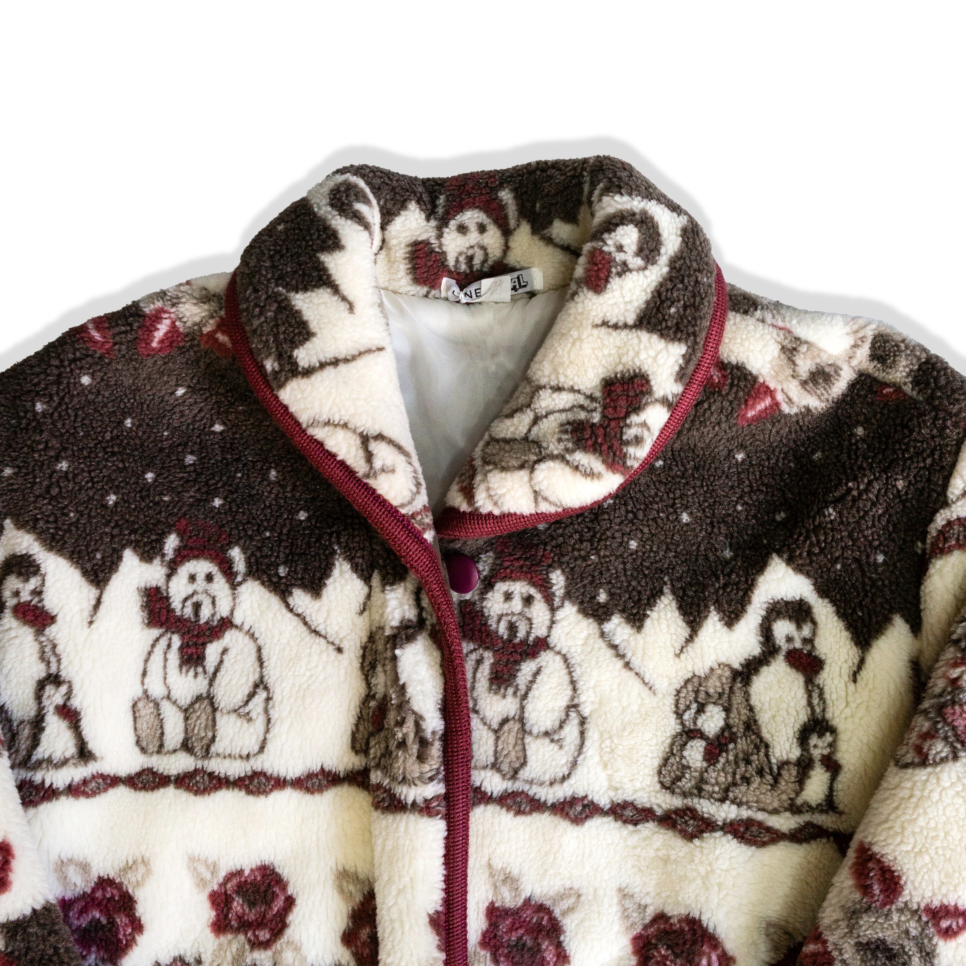 Vintage Patterned Fleece Jacket – Winter Animal Motif, Burgundy Trim (M)