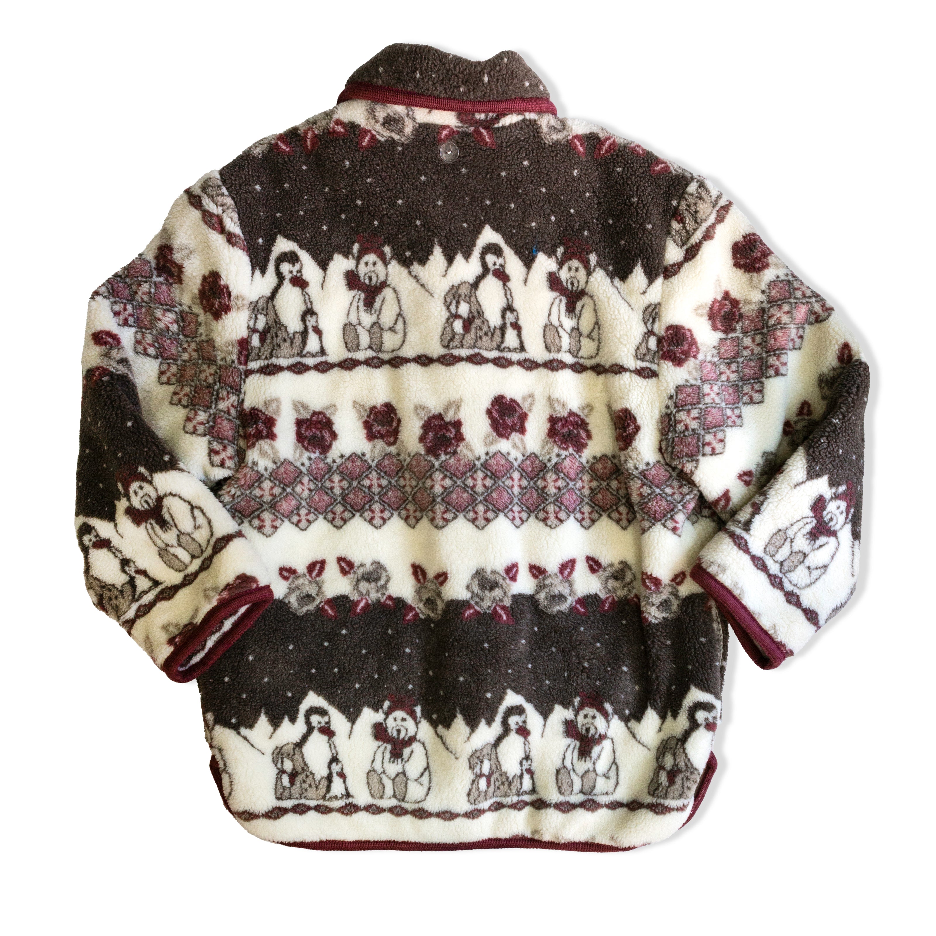 Vintage Patterned Fleece Jacket – Winter Animal Motif, Burgundy Trim (M)