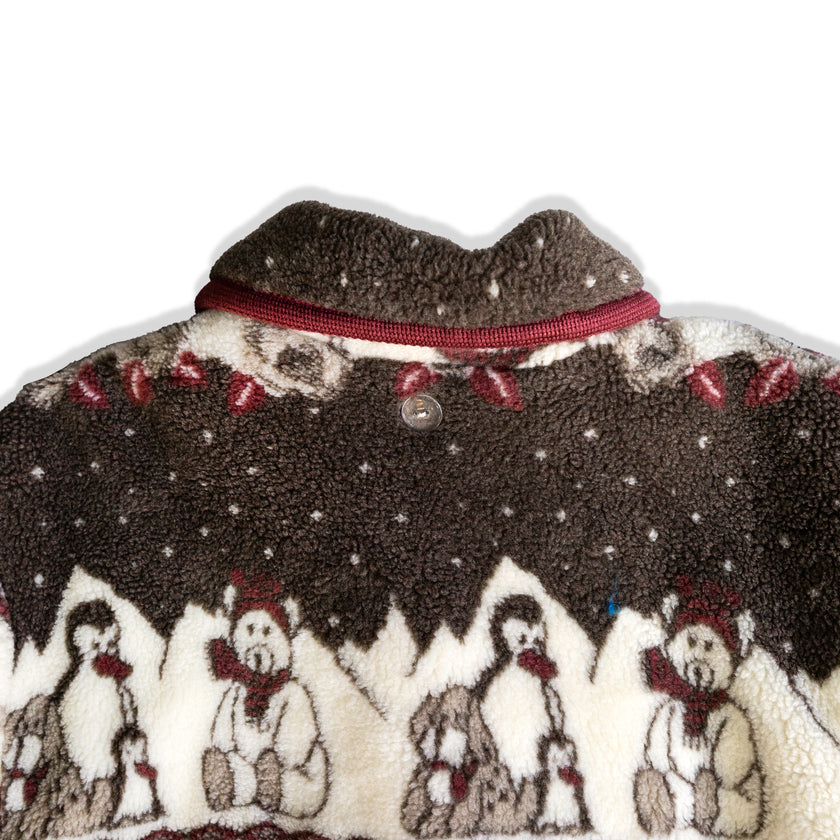 Vintage Patterned Fleece Jacket – Winter Animal Motif, Burgundy Trim (M)