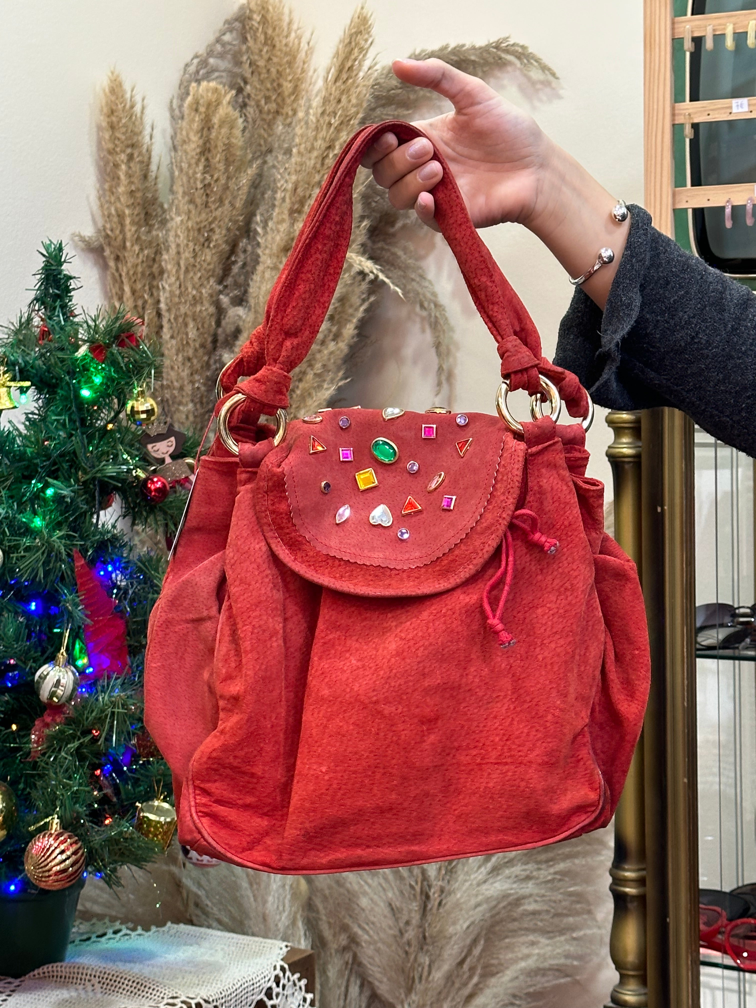 Vintage red suede bag with gem stones