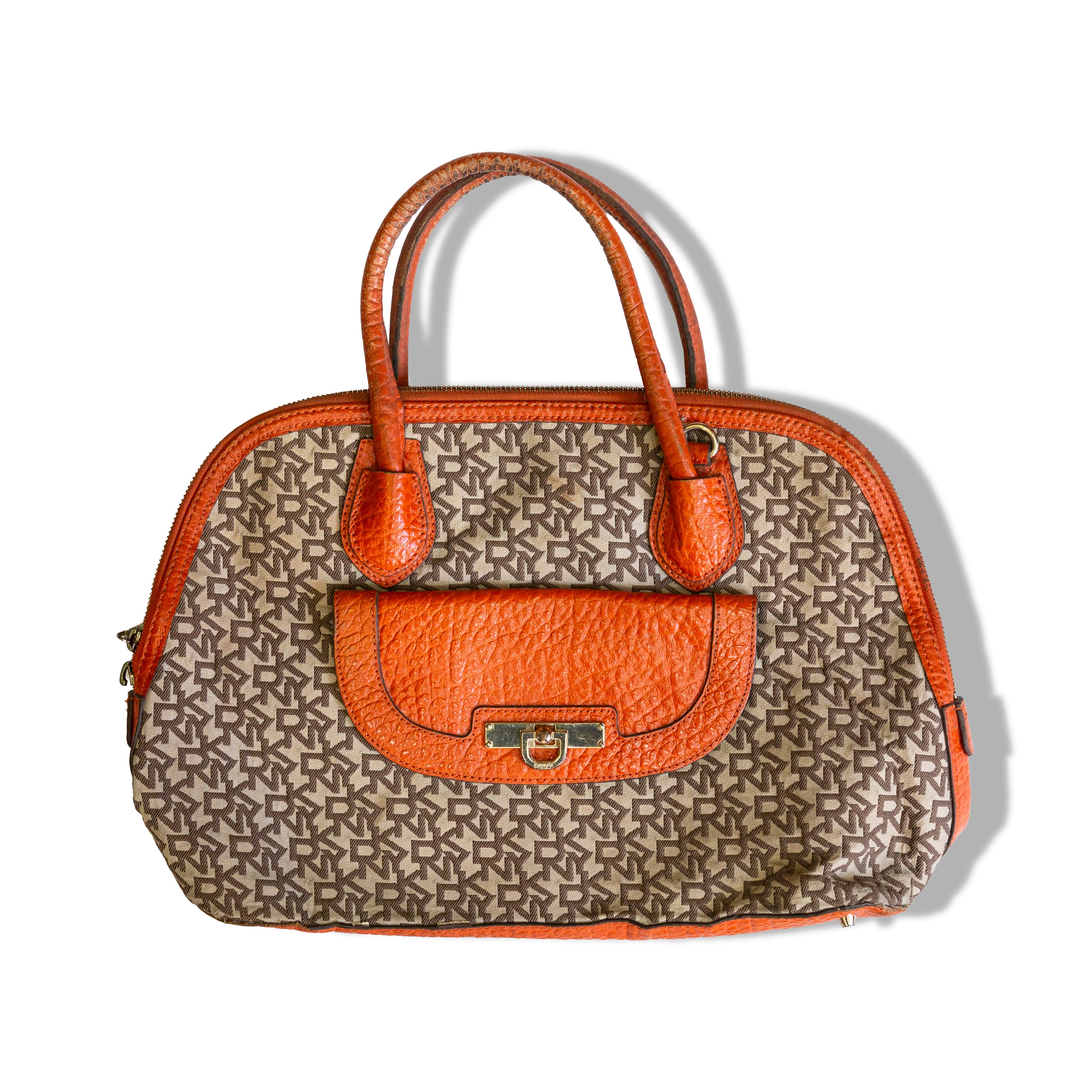 DKNY Signature Satchel Bag – Brown Monogram with Orange Leather Trim