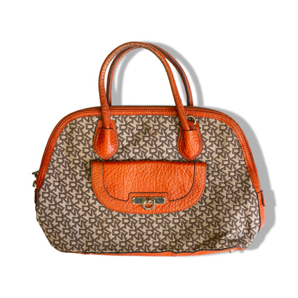 DKNY Signature Satchel Bag – Brown Monogram with Orange Leather Trim