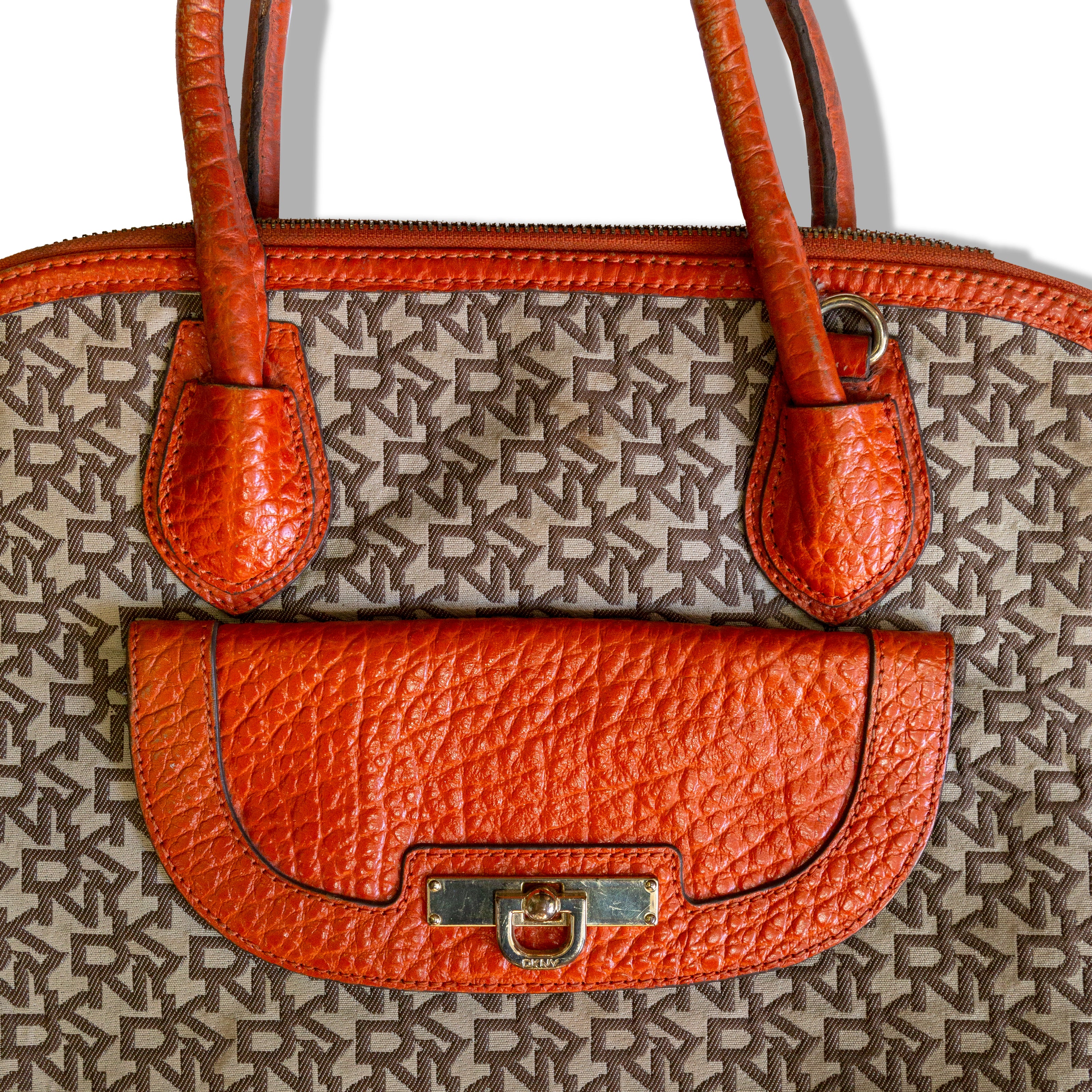 DKNY Signature Satchel Bag – Brown Monogram with Orange Leather Trim