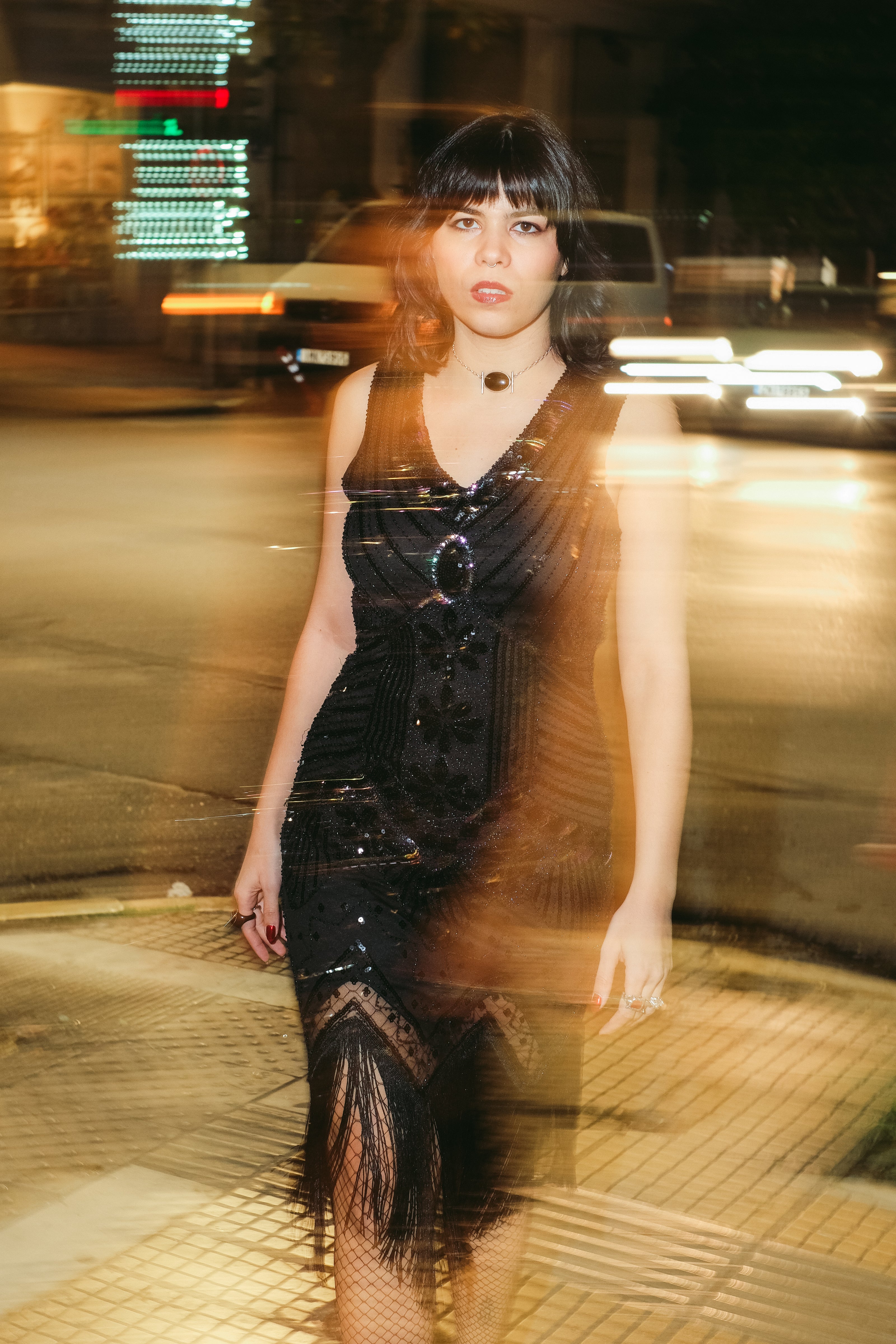 Stunning black beaded & sequin fringe flapper dress (M)