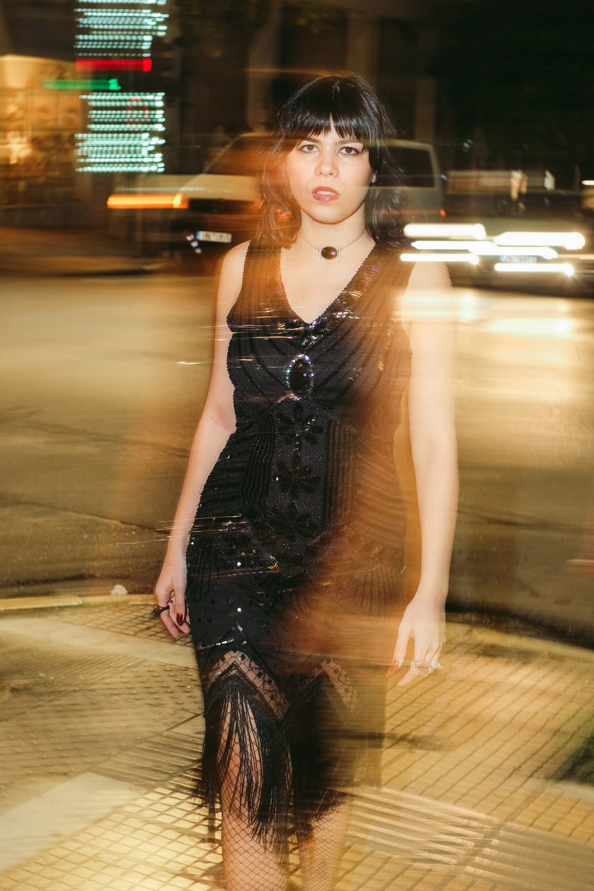 Stunning black beaded & sequin fringe flapper dress (M)