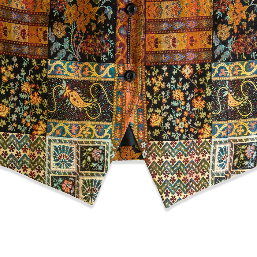 Vintage Mens Multicolor Patchwork Tapestry Button-Front Waistcoat Vest (XL)