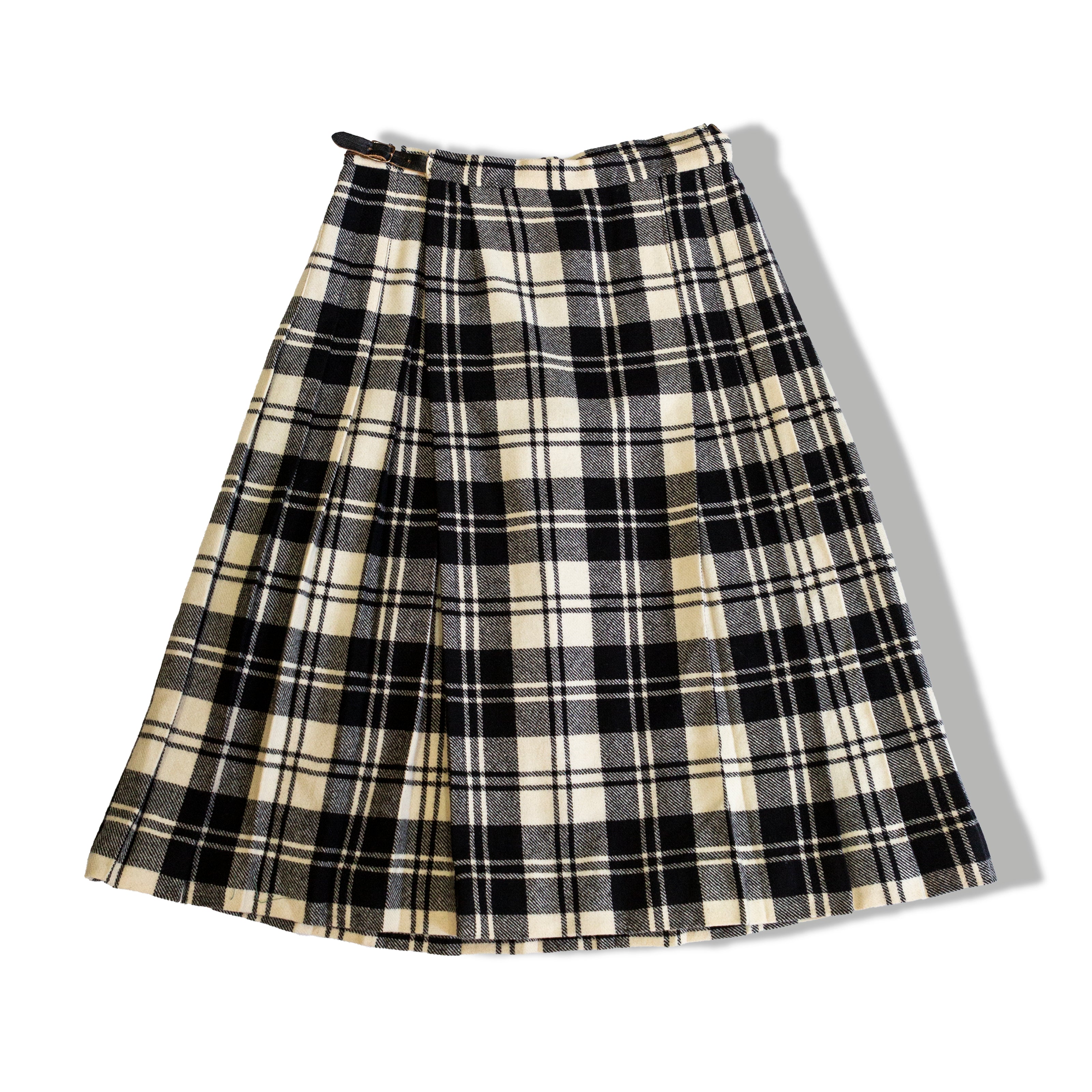 Vintage 70s style 100% Wool Plaid Black Ivory Pleated Midi skirt